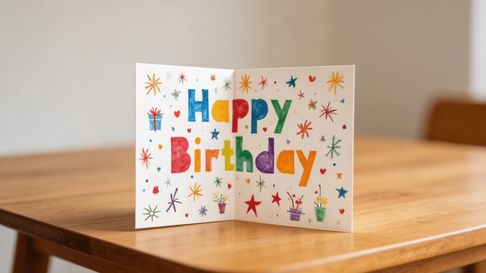 Handmade colorful “Happy Birthday” greeting card with stars and drawings displayed open on a wooden table