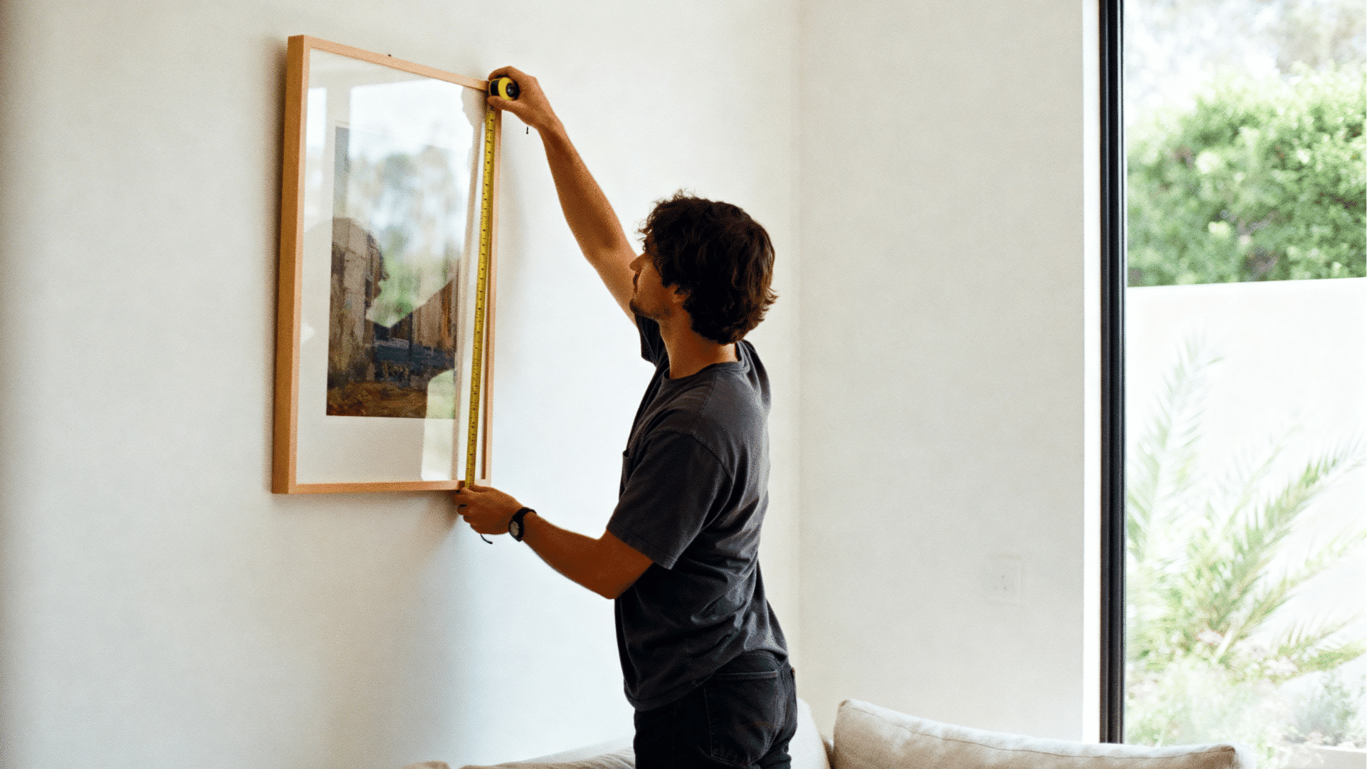 Person measuring how high to hang pictures on a white wall above a sofa in a modern living room