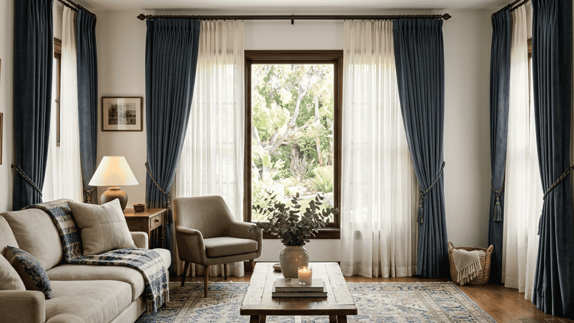 The heavy drapes providing insulation, while the sheer panels add a soft glow and elegance to the space (1)