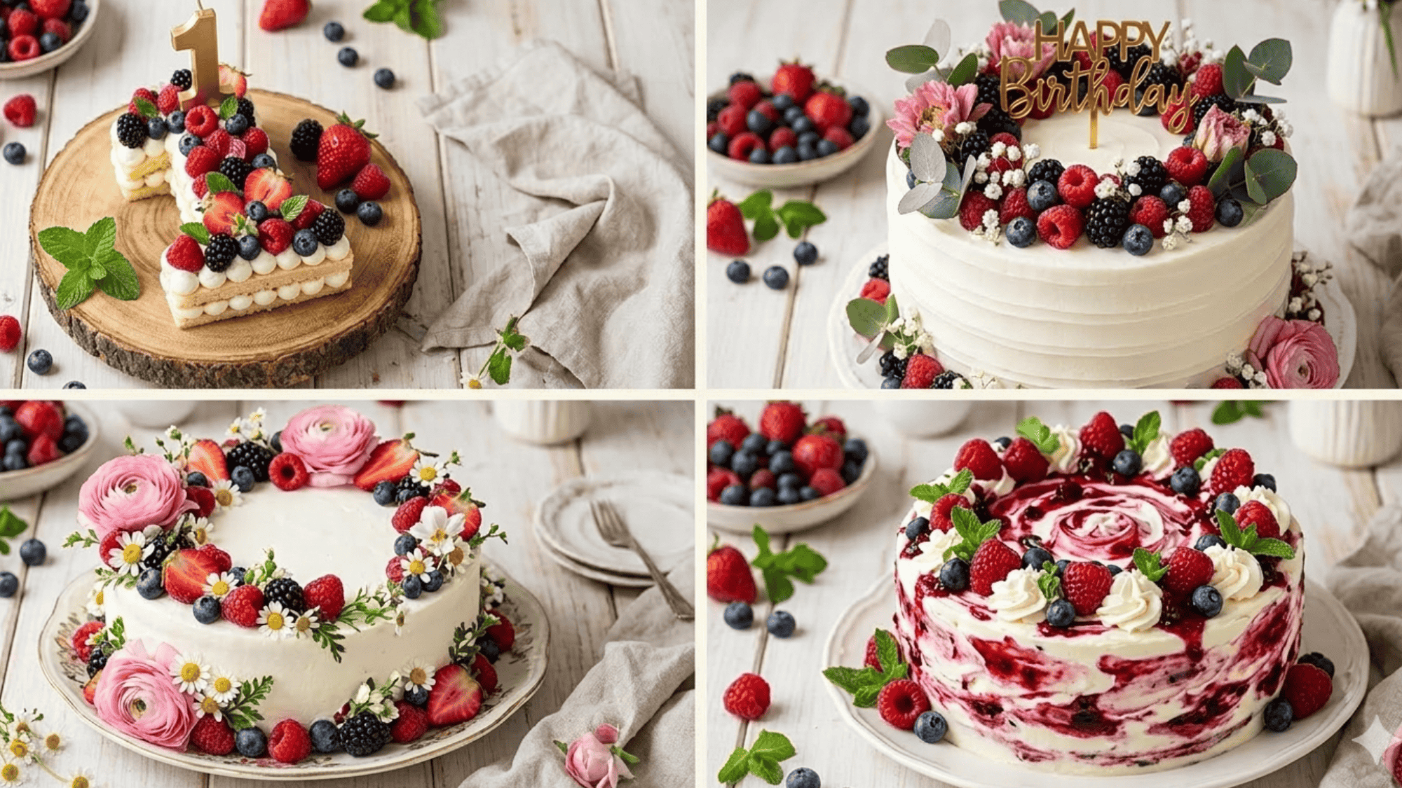 a beautiful four grid collage representing four types of berry cakes