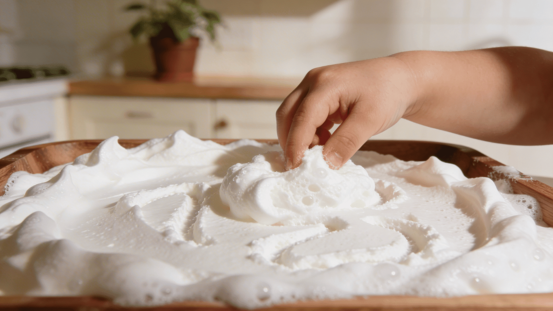 a child’s hand draws swirling patterns and circles in a thick layer of white shaving cream on a wooden tray.