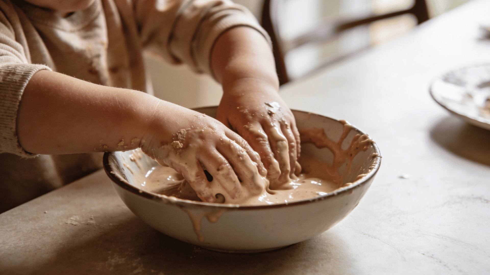 a child’s hands are covered in thick, dripping tan oobleck as they press into a messy bowl of the mixture.