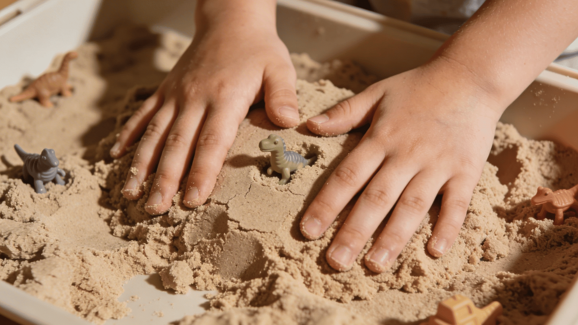a child’s hands press down on a mound of kinetic sand to uncover small toy dinosaurs in a shallow plastic tray.