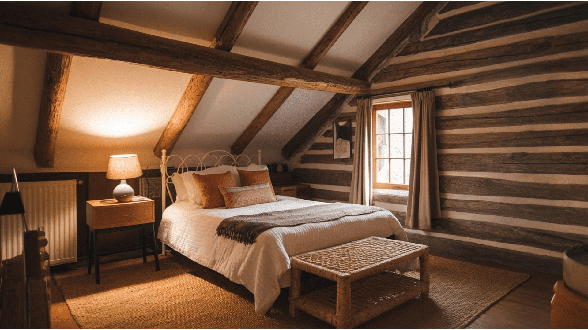 a cozy cabin bedroom with a peaceful atmosphere.