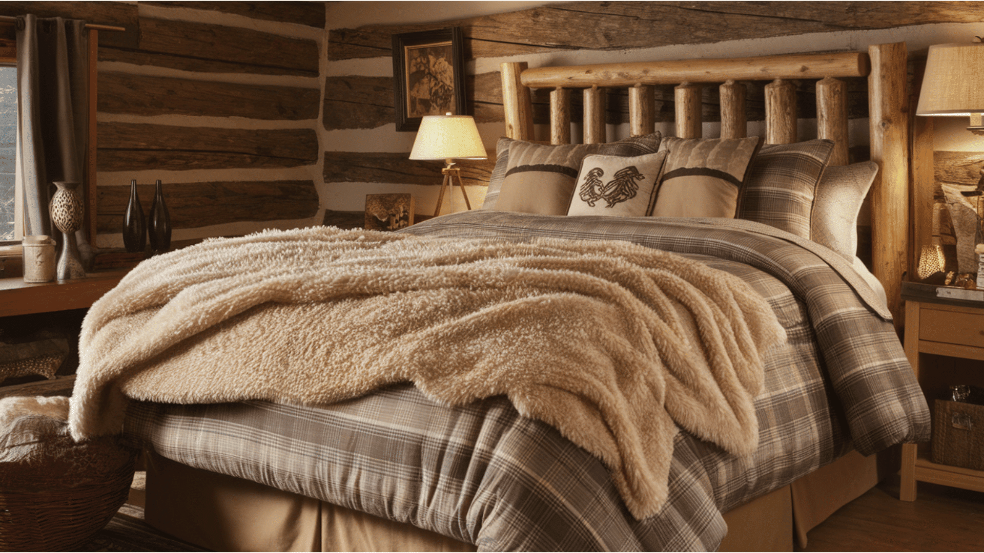 a cozy cabin bedroom with an inviting bed and warm lighting, creating a peaceful atmosphere.