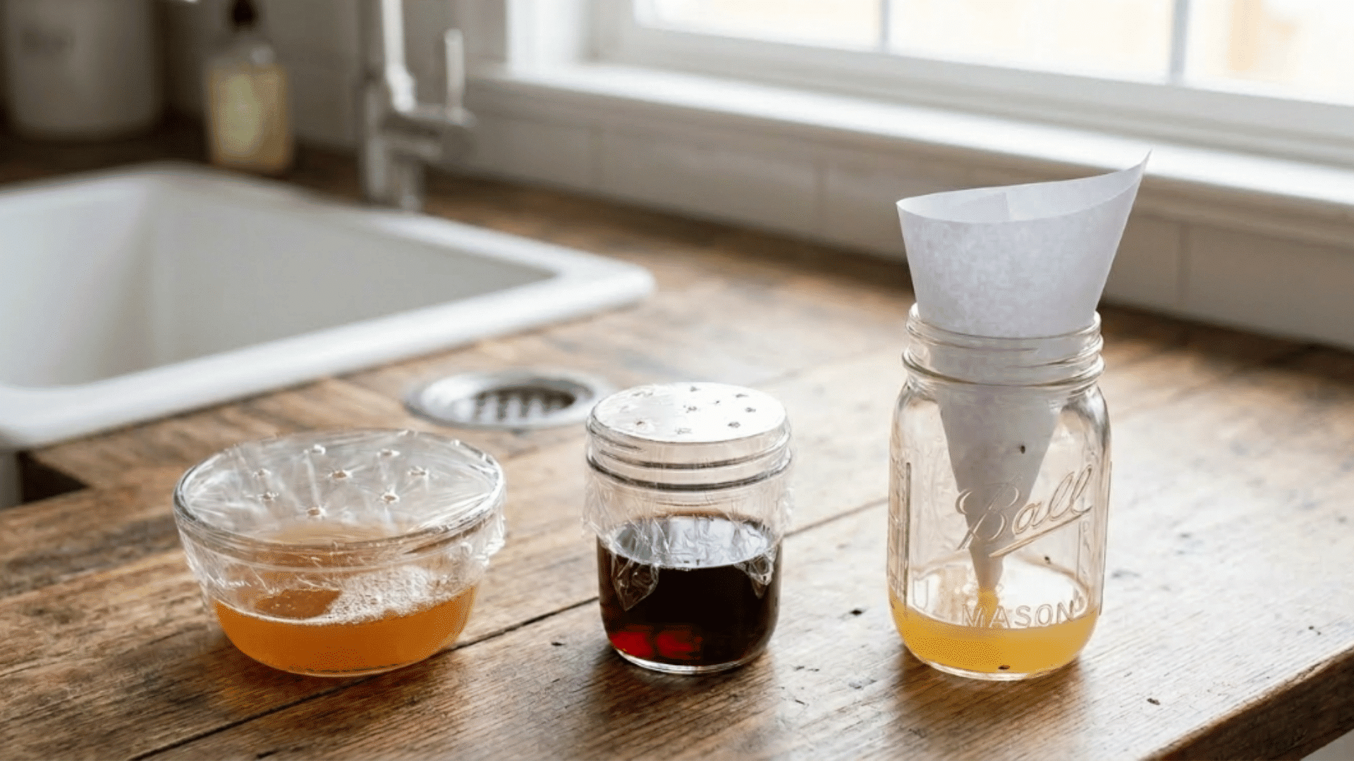 a homemade fruit fly trap using jars with funnels and liquid bait to catch flies.