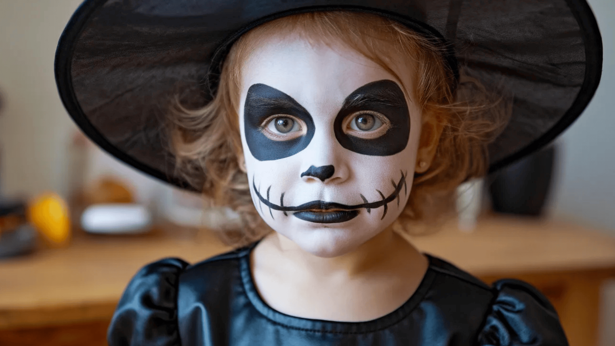 a kid's face painted as a witch with a black hat on top