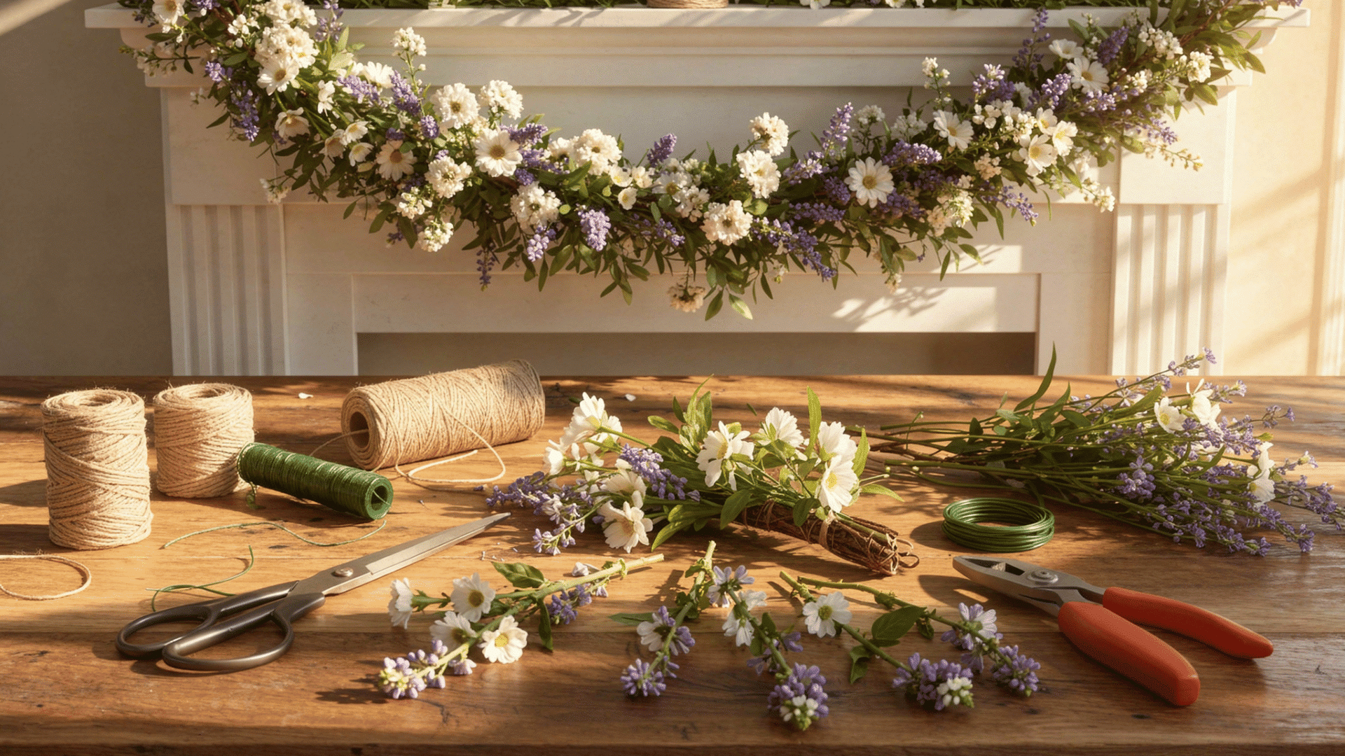 a lush white and purple floral garland drapes over a mantle above a wooden table scattered with twine and floral shears.