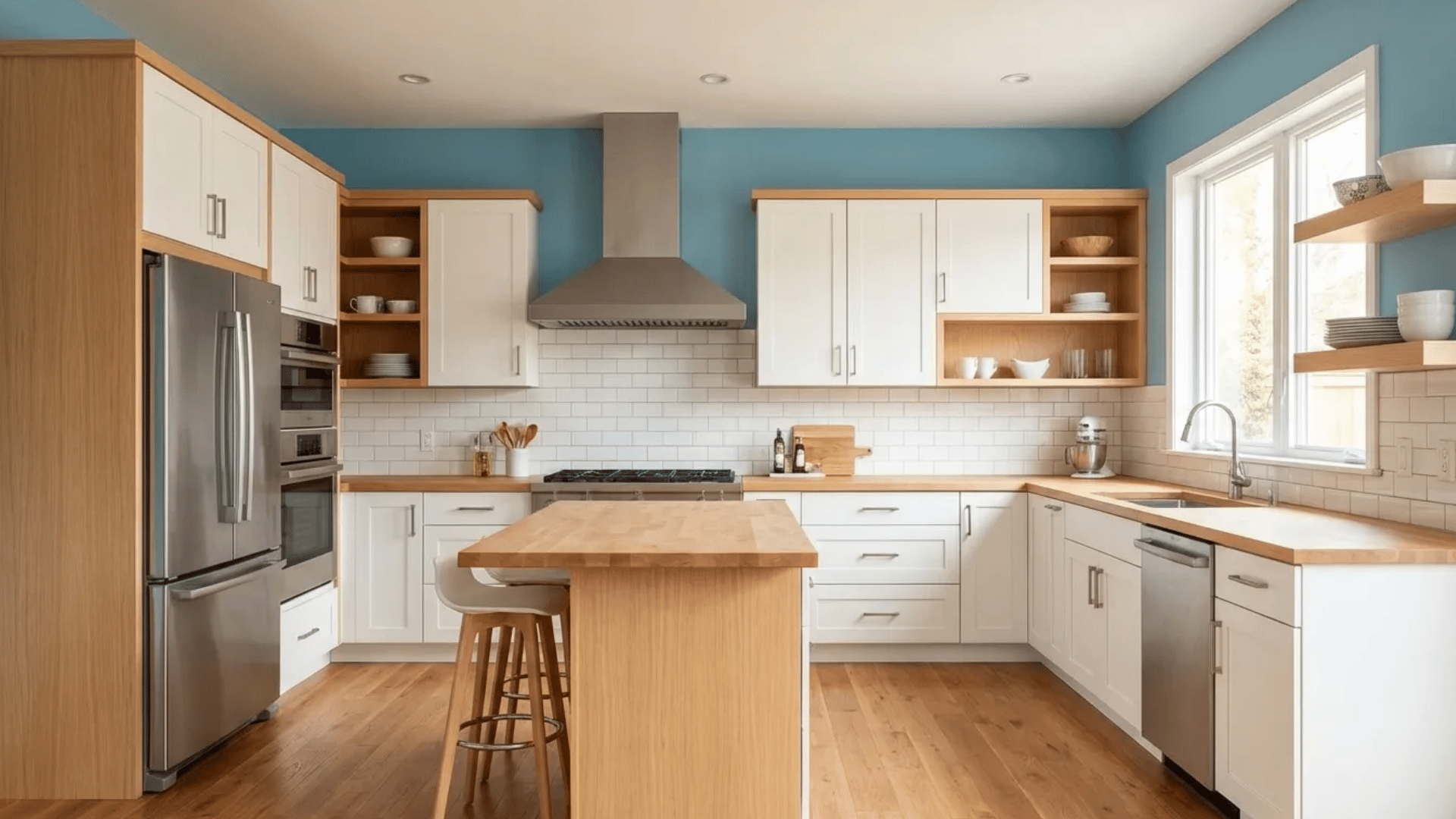 a modern kitchen with white cabinets, light wood countertops, blue walls, a subway tile backsplash, and a wooden island.