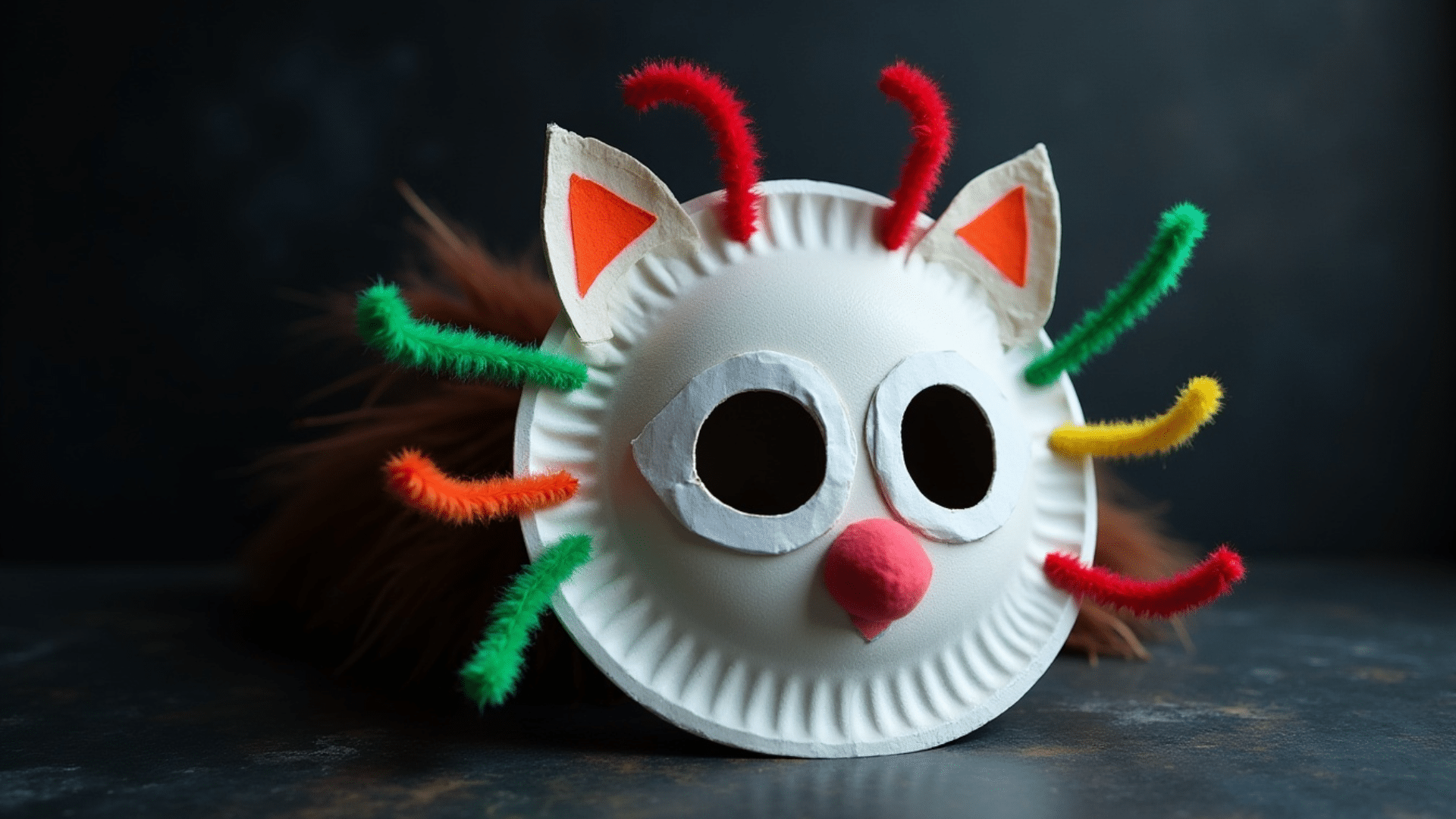 a paper plate mask with cut out eyes and used red paper nose and ears to give a look