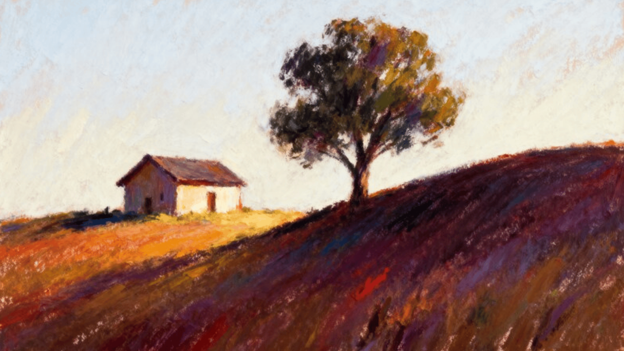 a pastel painting of a small house and a tree on a hill, with warm, vibrant colors creating a serene landscape