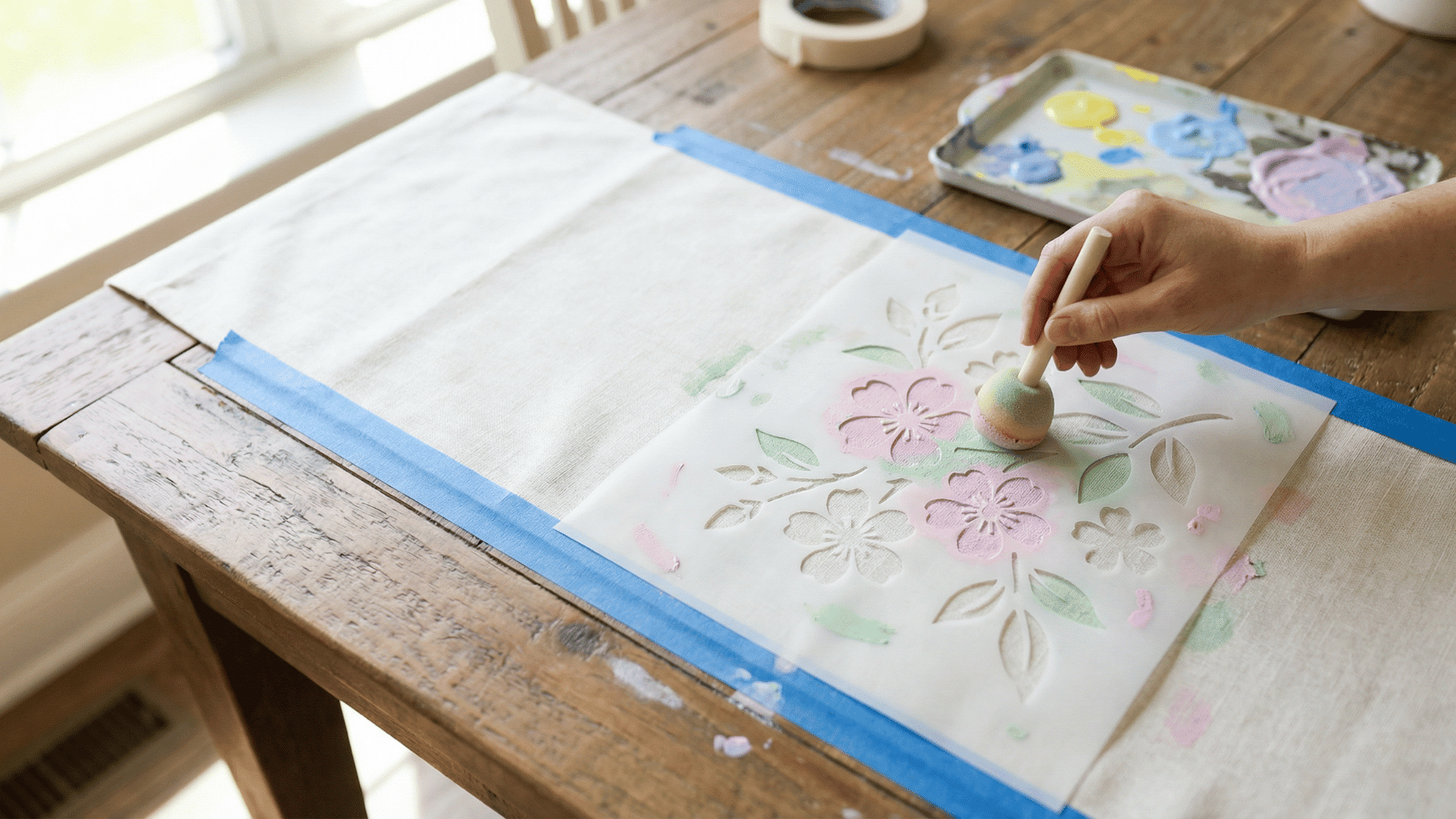 a person uses a sponge pouncer to apply pastel paint through a floral stencil onto a cream-colored fabric table runner.