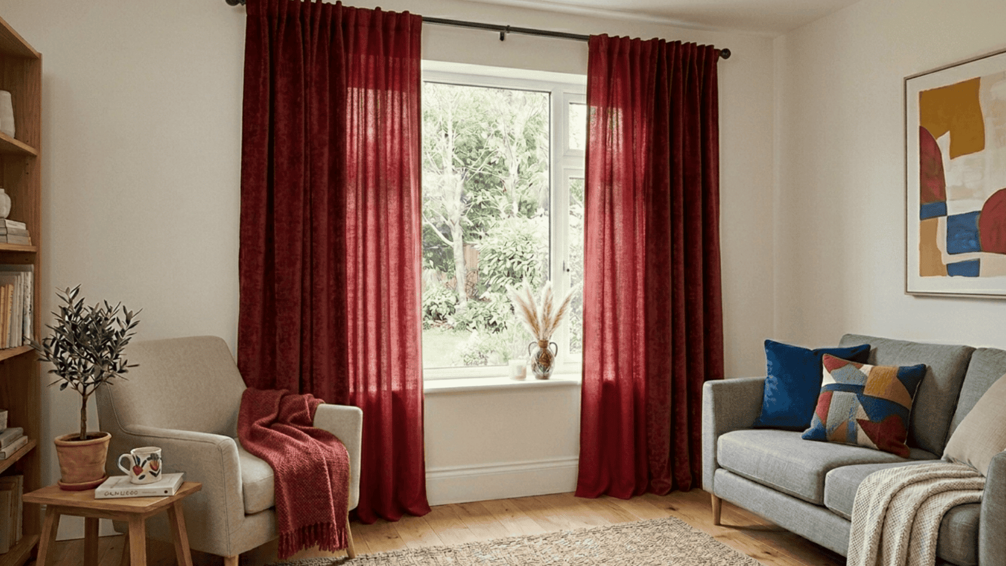a red linen curtain in a cosy living room setting with comforting furniture