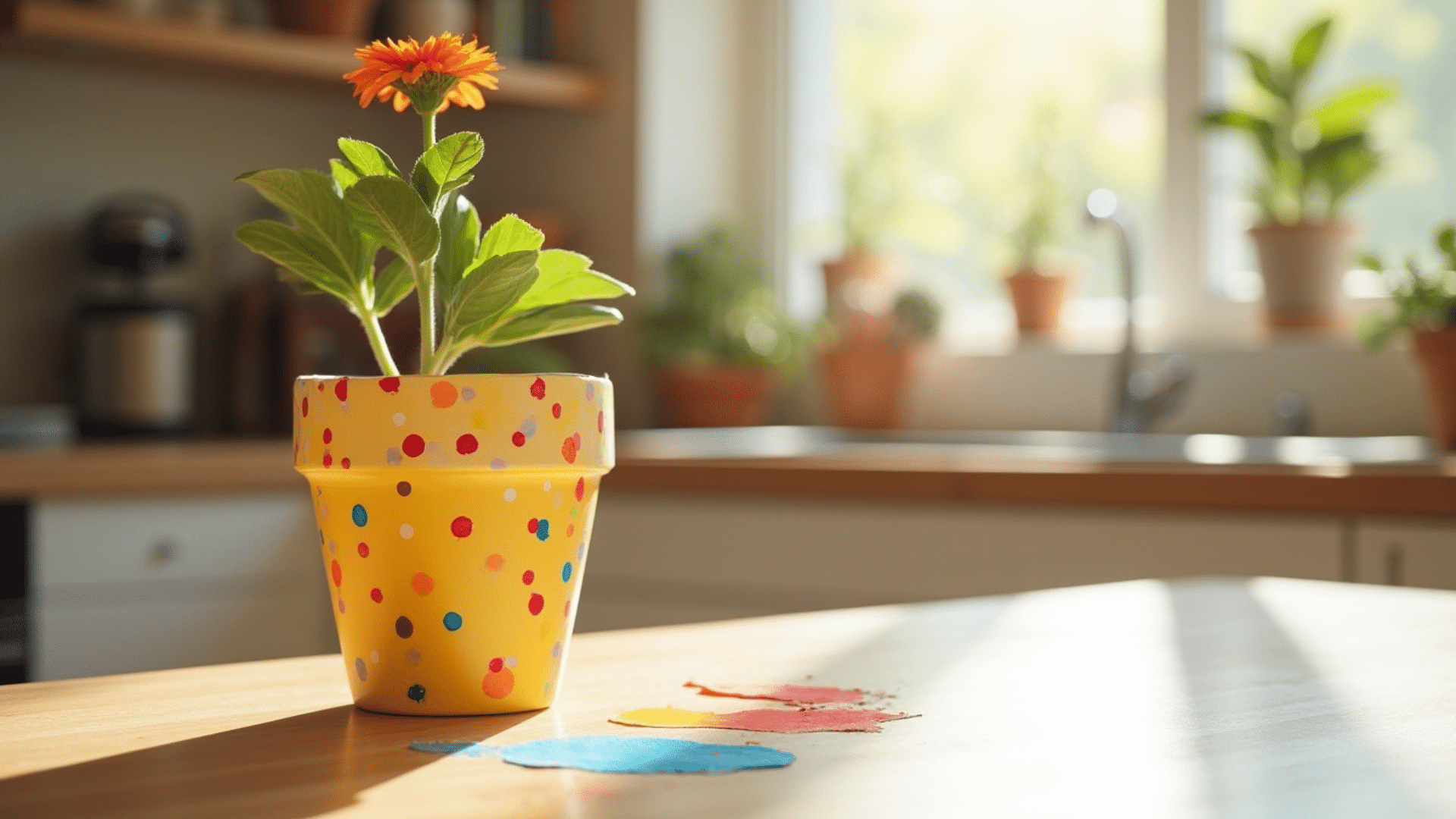 a small clay pot covered in overlapping tissue paper pieces sealed with glue and painted with yellow color with dots on top
