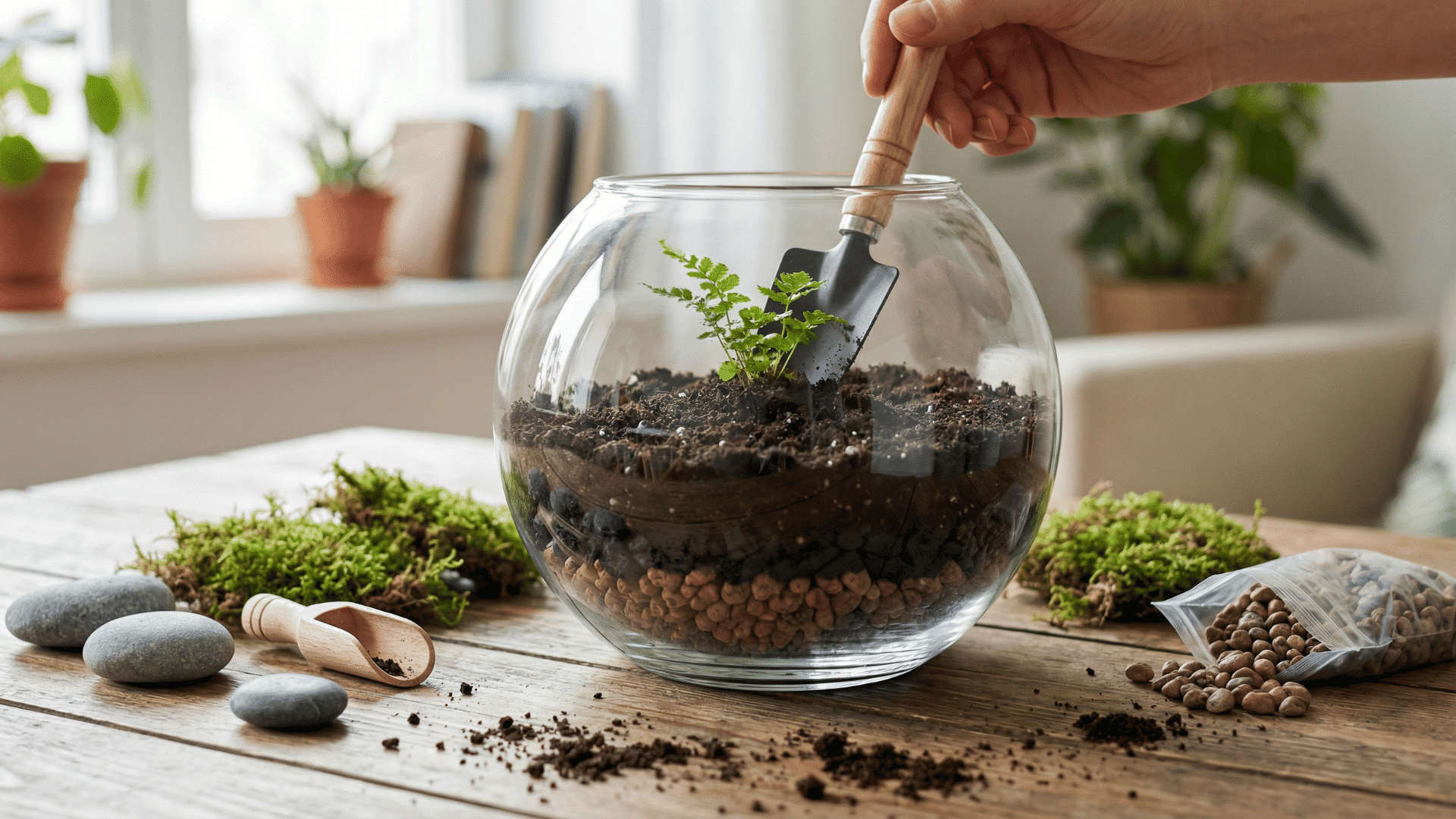 a small fern is planted inside a glass terrarium bowl using a miniature shovel, surrounded by moss, pebbles, and soil.