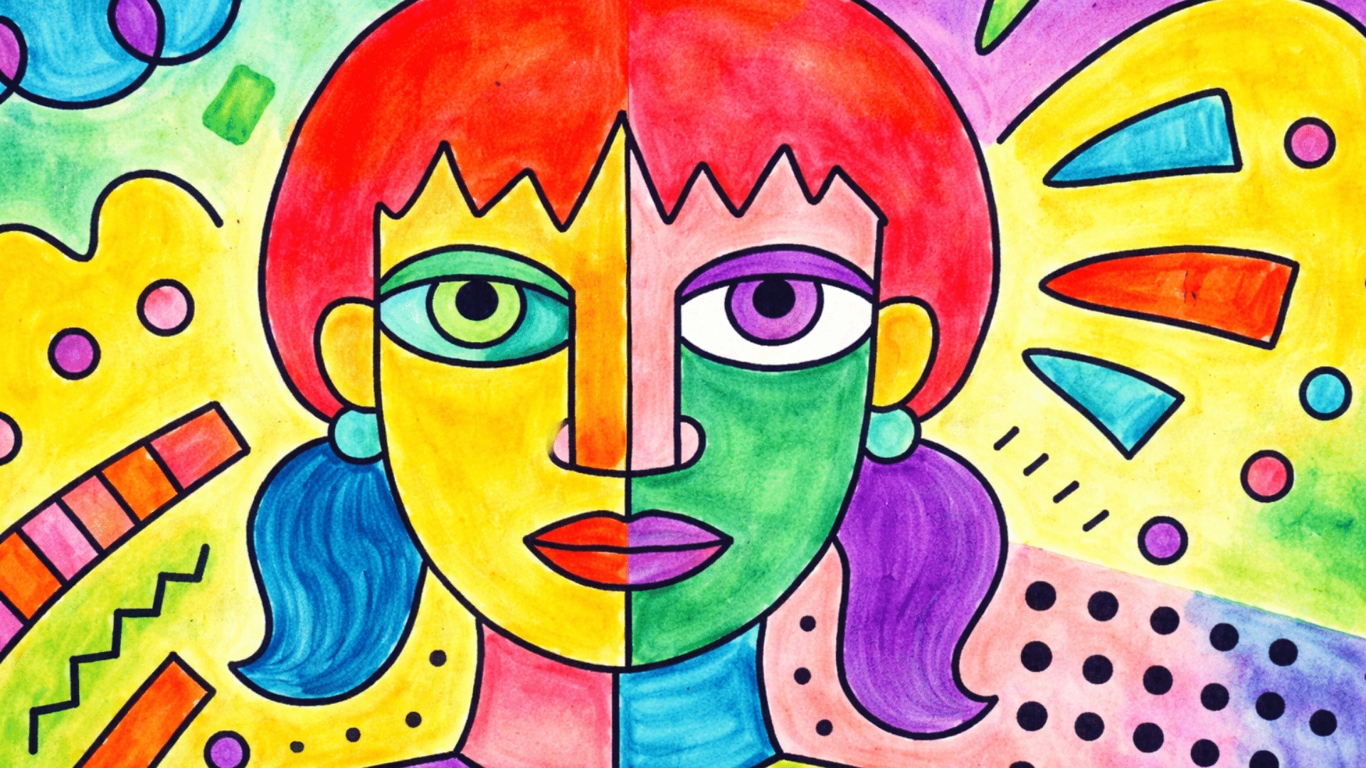 a vibrant, abstract self-portrait for kids with bold colors, playful patterns, and mismatched eyes and features.