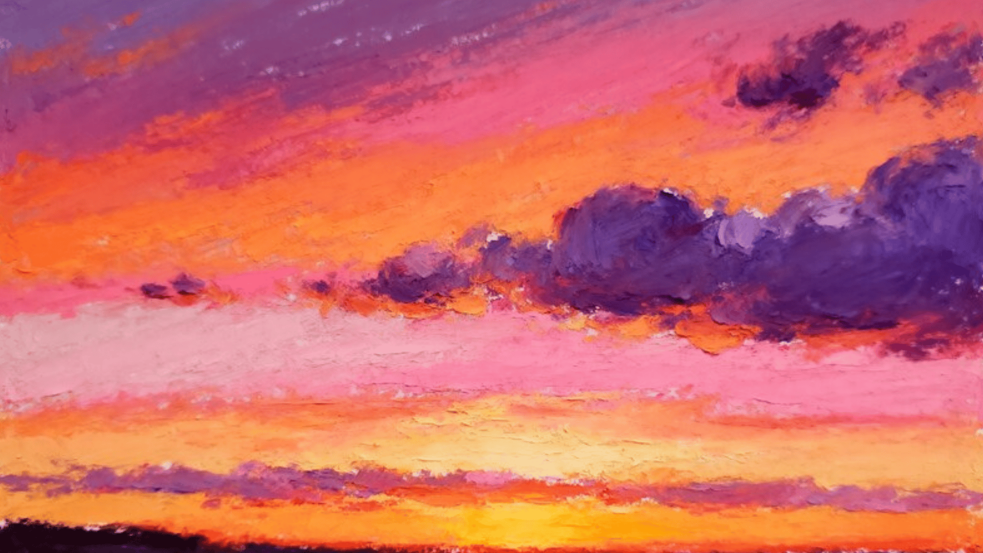 a vibrant pastel painting of a sunset sky with rich purple, pink, and orange hues, highlighting dramatic clouds over a horizon