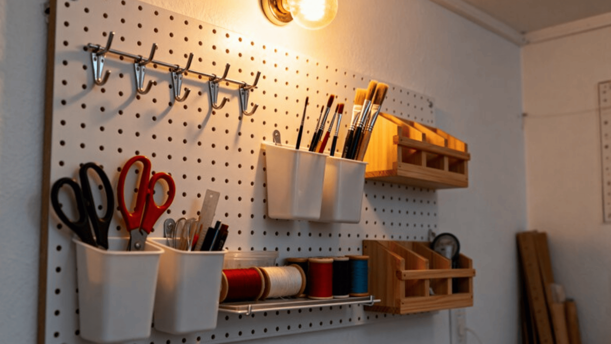 a well-organized pegboard with scissors, pens, paintbrushes, thread spools, and wooden baskets hanging, illuminated by a light fixture