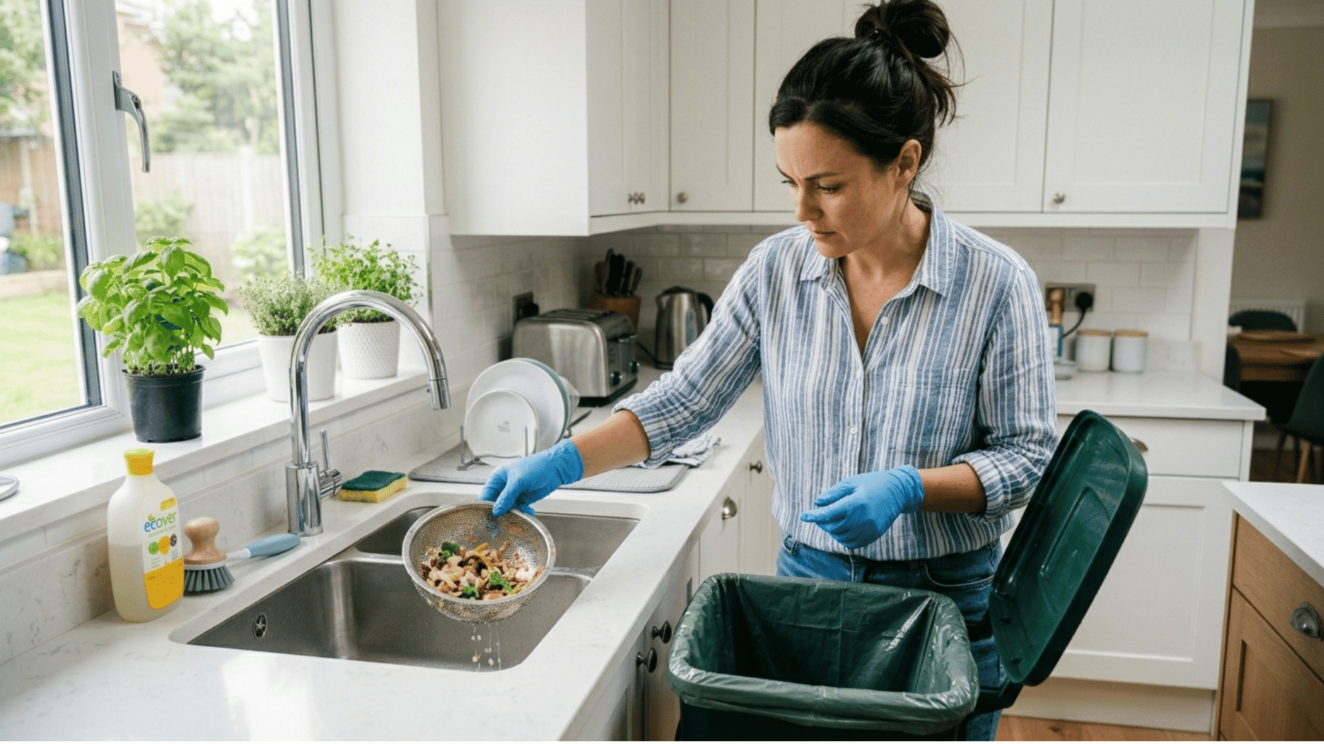 a woman in a kitchen discarding food scraps into a trash bin while using a colander to strain.