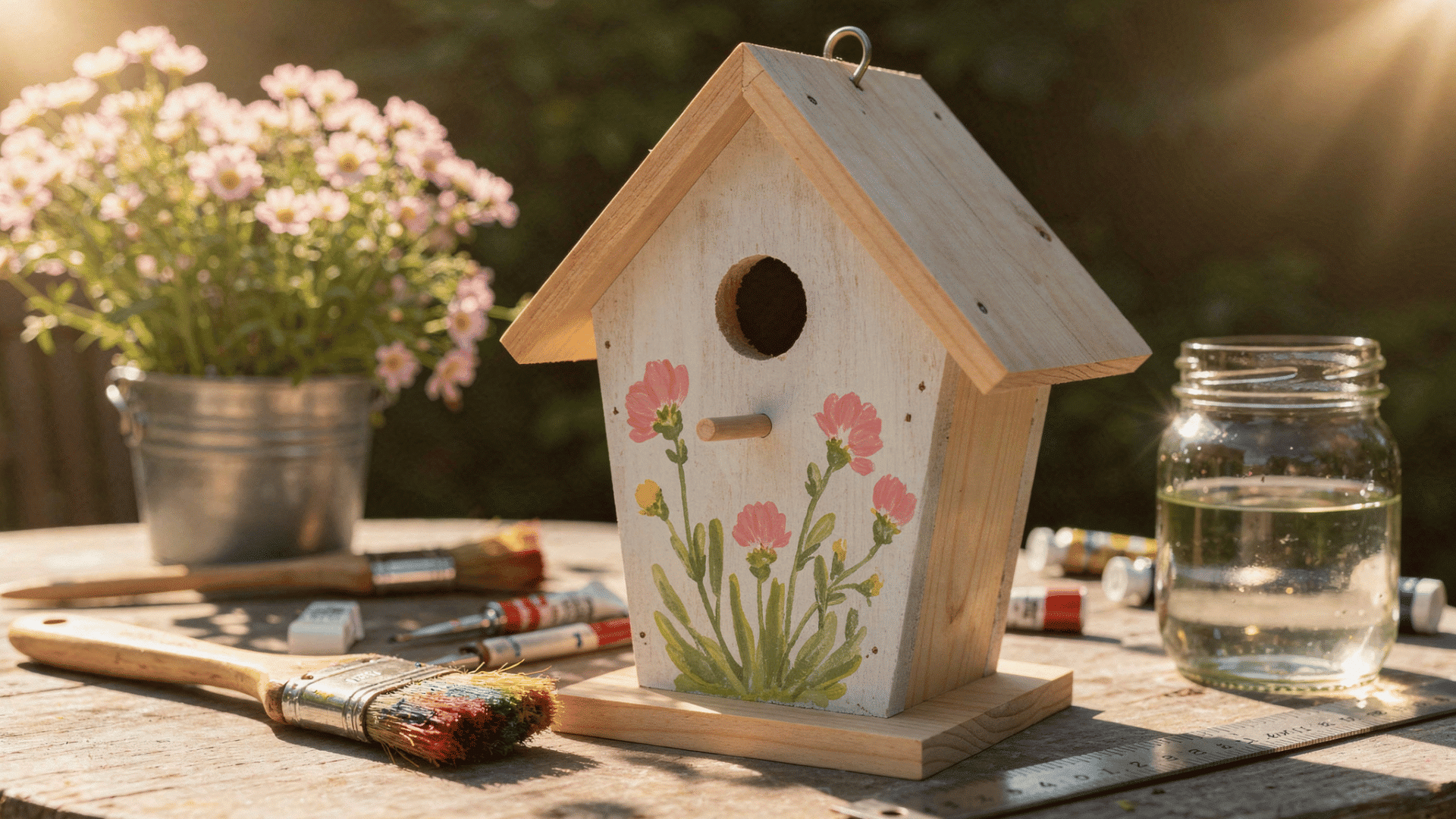 a wooden birdhouse painted with pink and yellow flowers sits on a table with paintbrushes, a water jar, and a ruler.