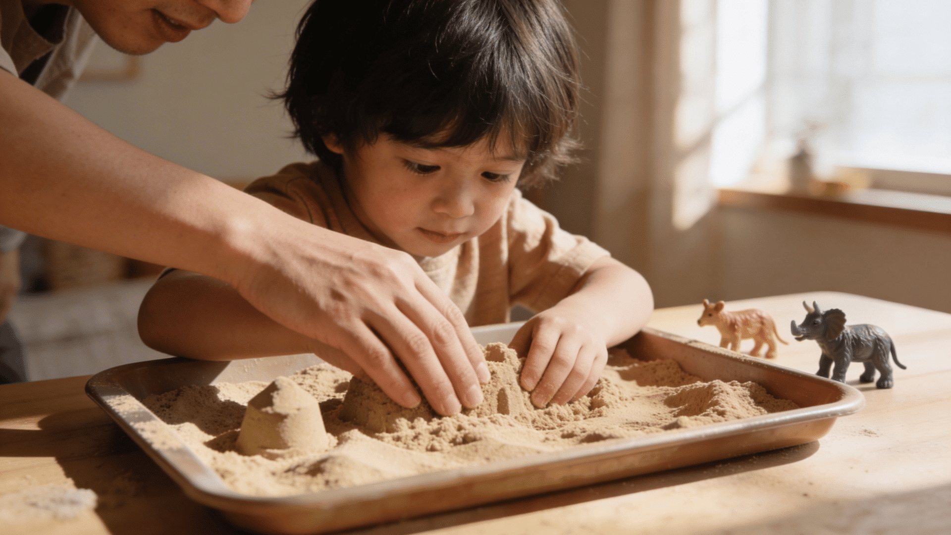 a young boy and an adult use their hands to mold shapes in a tray of kinetic sand next to toy dinosaurs