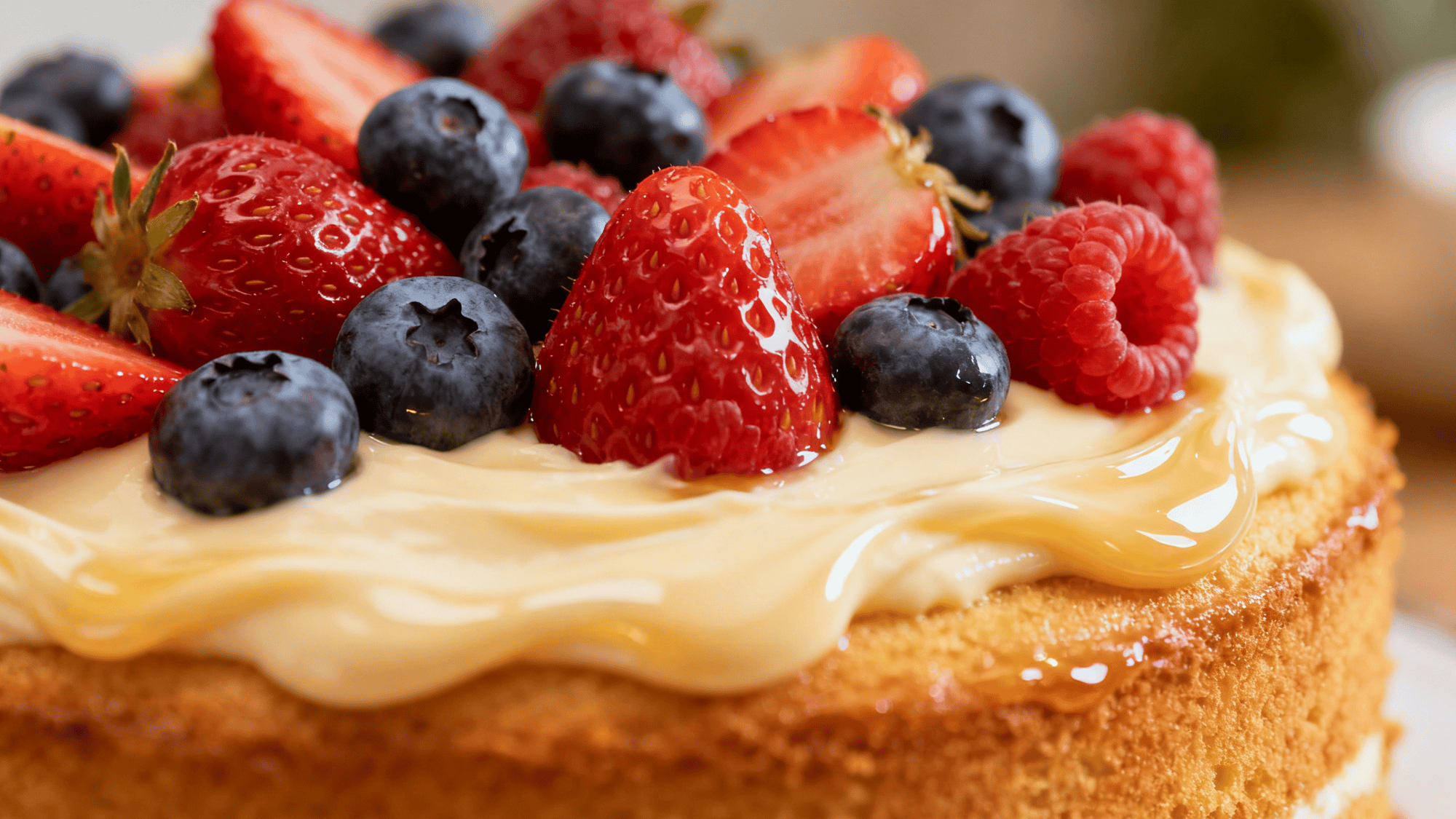 add fresh mixed berries and glossy vanilla frosting to the cake
