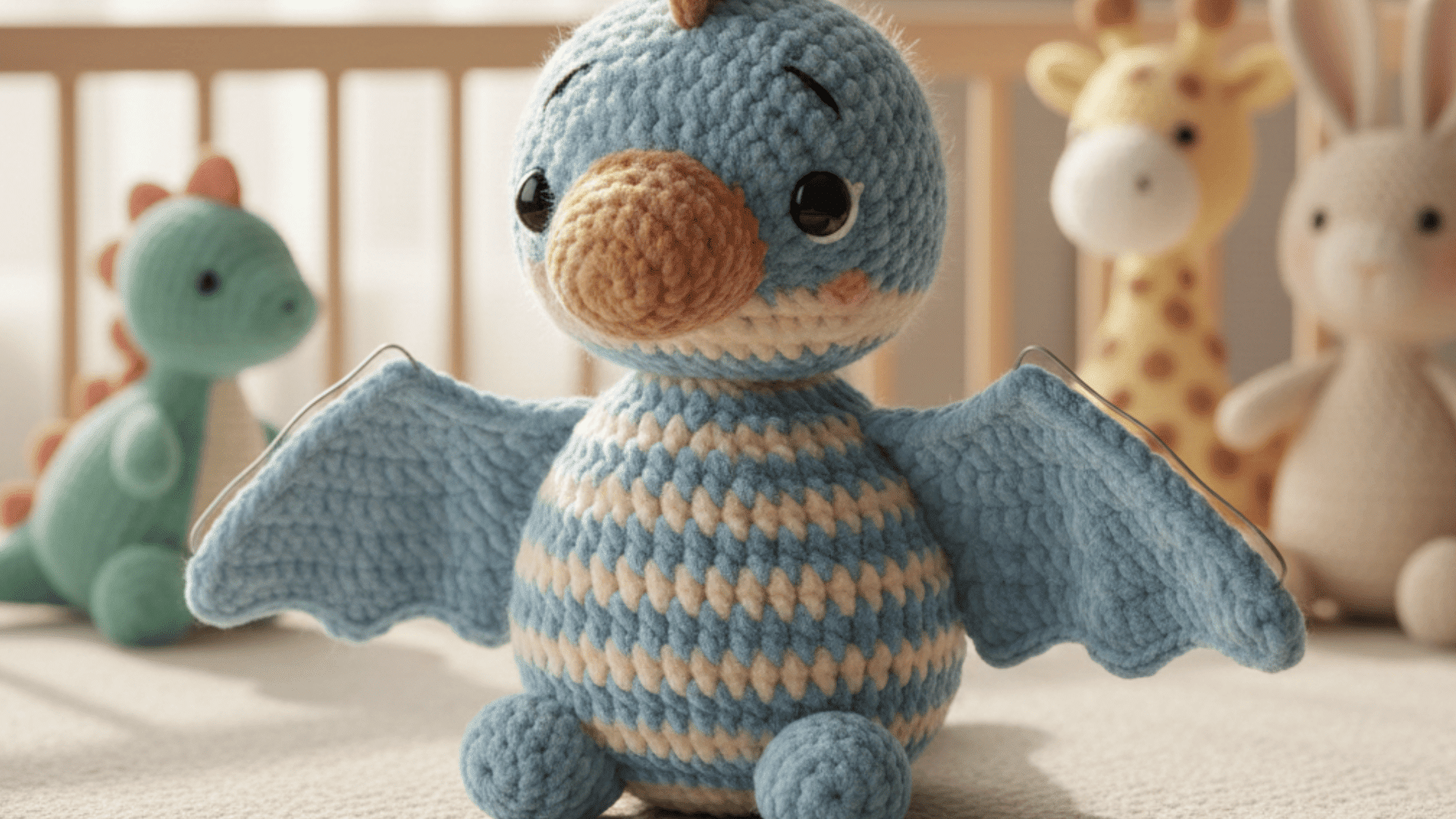 an adorable crochet baby pterosaur with wide, floppy wings and a small, round body.  