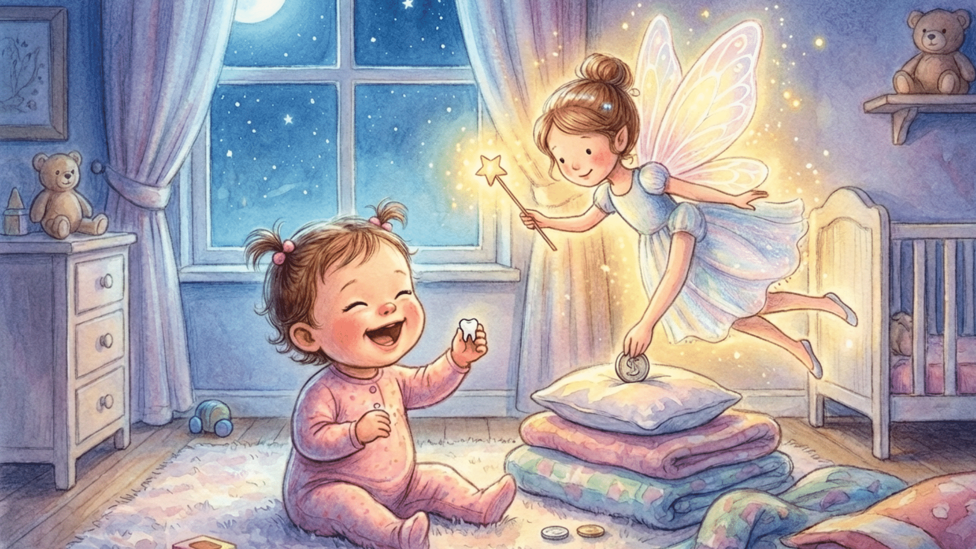 an illustration of a girl child along with the tooth fairy