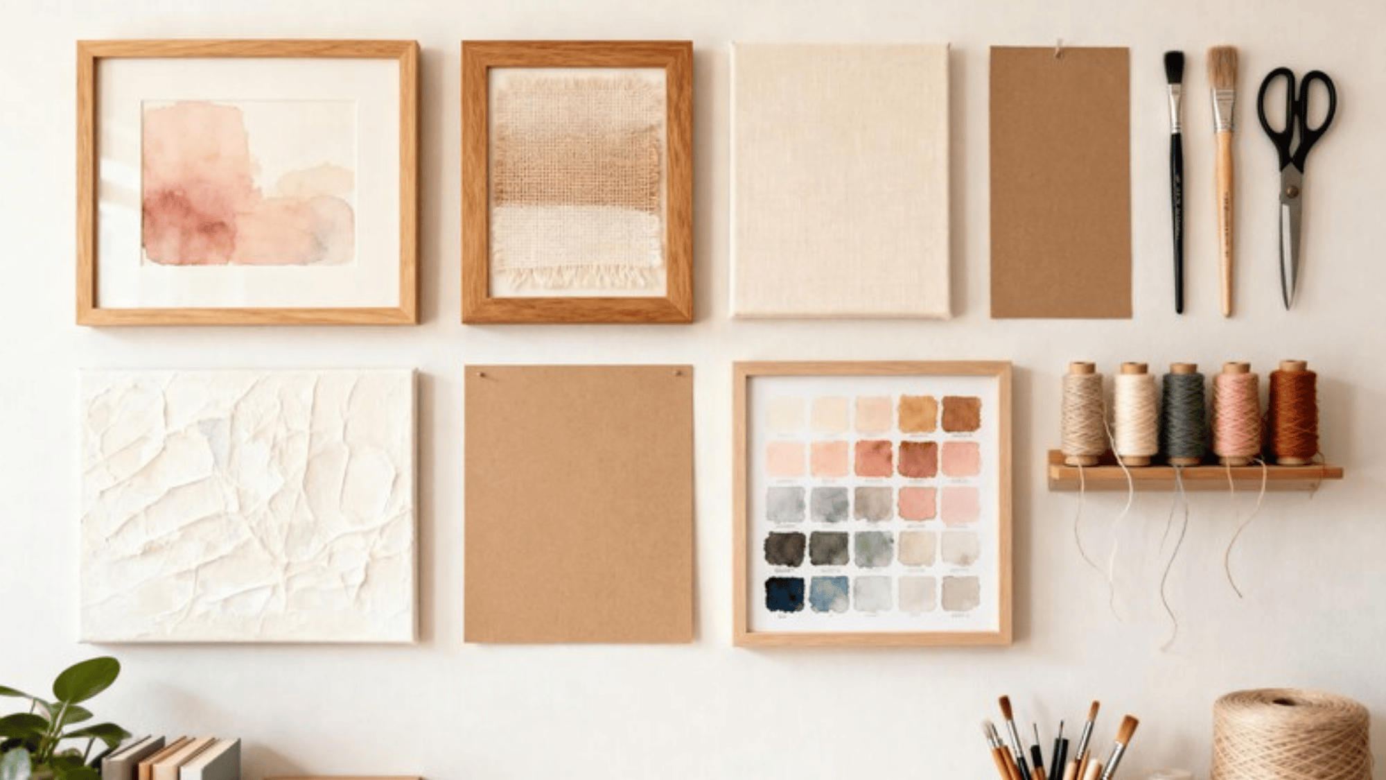 artistic wall display with framed watercolor paintings, textured fabric, a color swatch grid, and hanging spools of thread, along with brushes and scissors