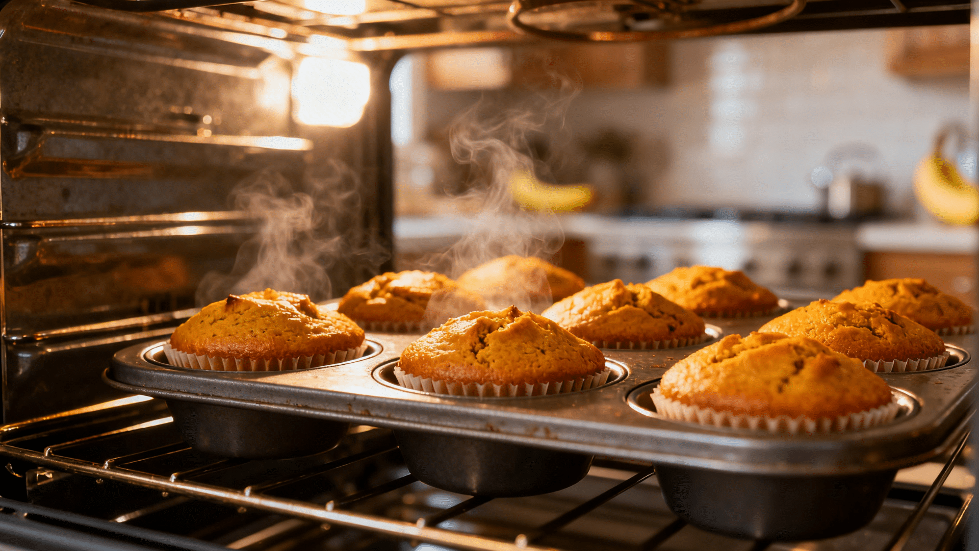 baking pumpkin banana muffins with golden tops in a muffin pan in a warm kitchen setting.