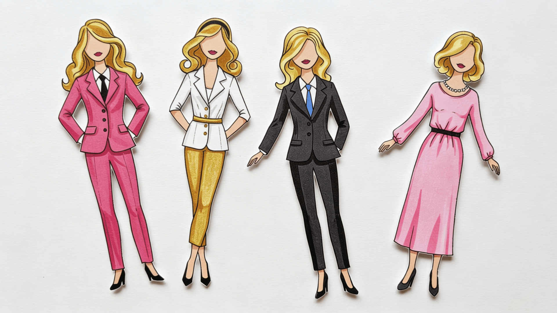 barbie-style paper dolls wearing glamorous outfits, including pink suits, business attire, and party dresses with high heels.