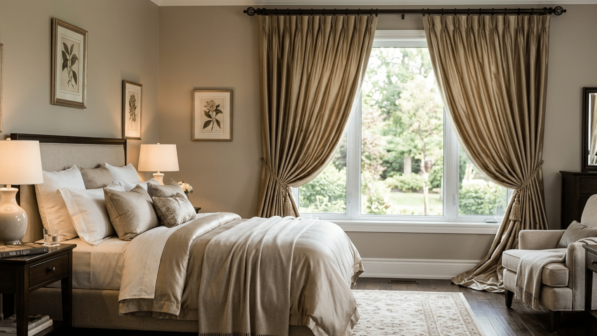 beautiful and elegant silk curtains in a master bedroom with cosy furniture