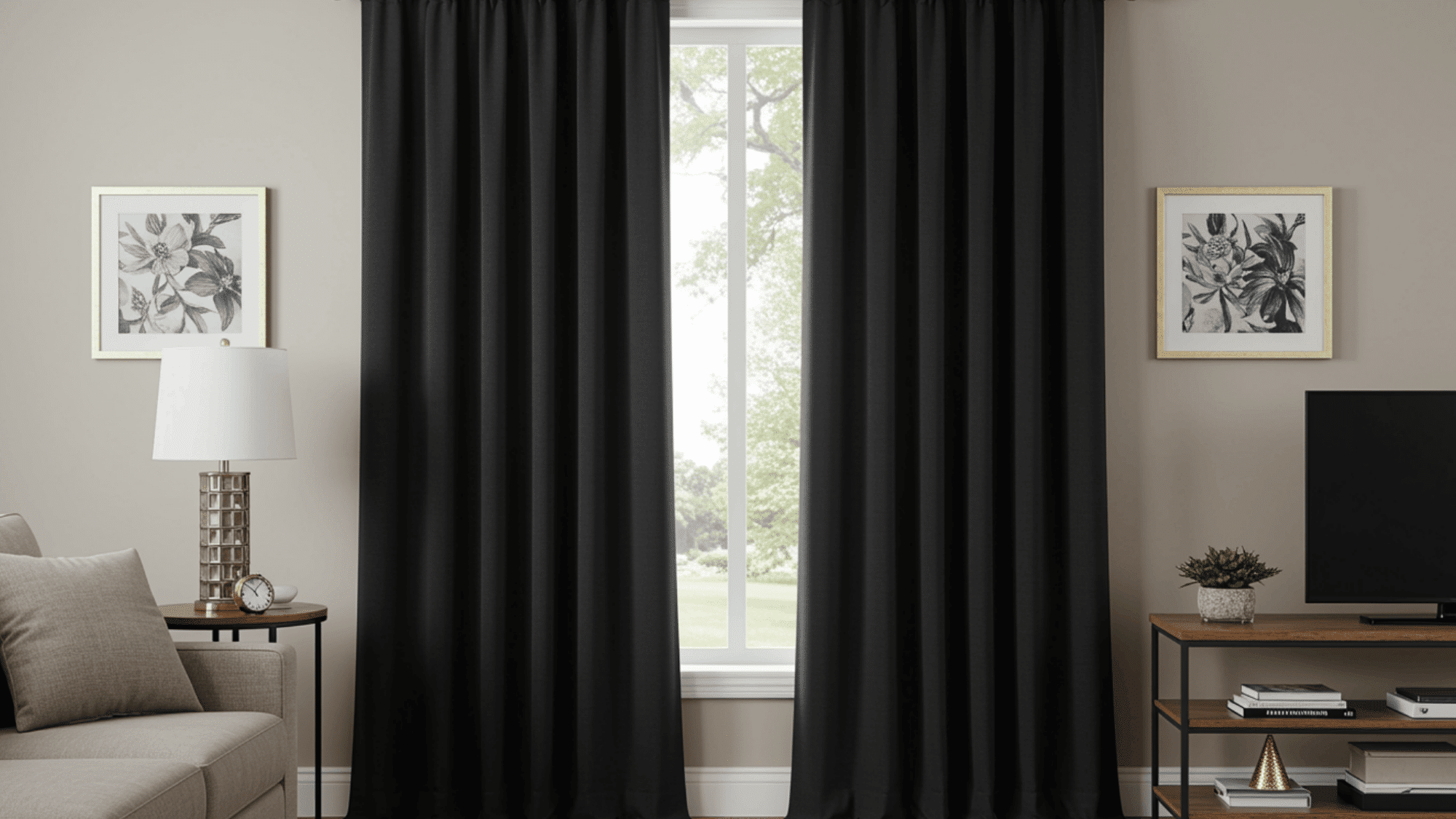 blackout curtains completely blocking out light, ensuring privacy and creating a restful environment