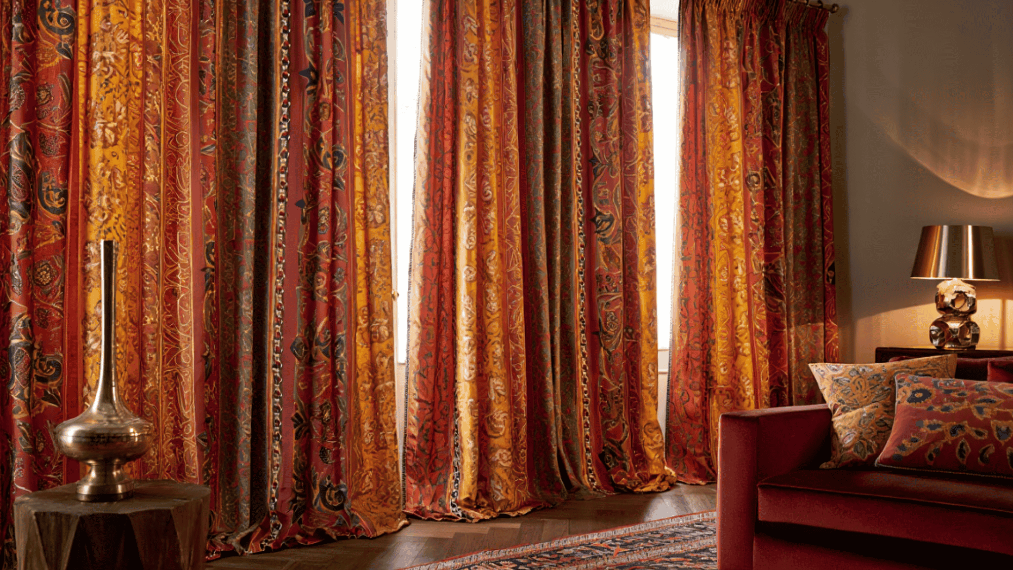 bohemian vibe curtains featuring earthy tones, textured fabrics, and vibrant patterns