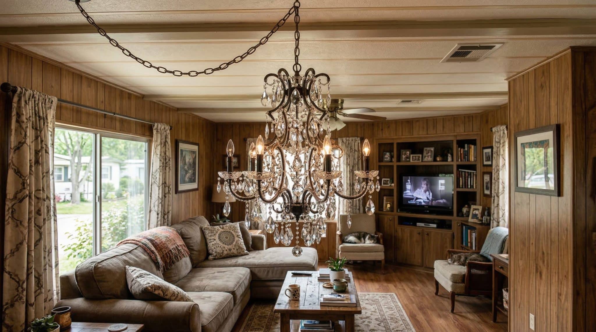 bold chandelier piece in a mobile living room