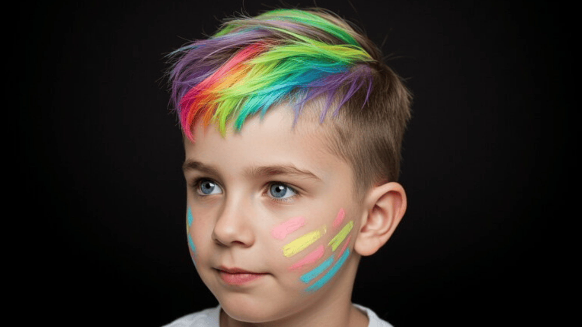 boy with vibrant rainbow-colored hair and colorful face paint stripes, smiling gently against a black background