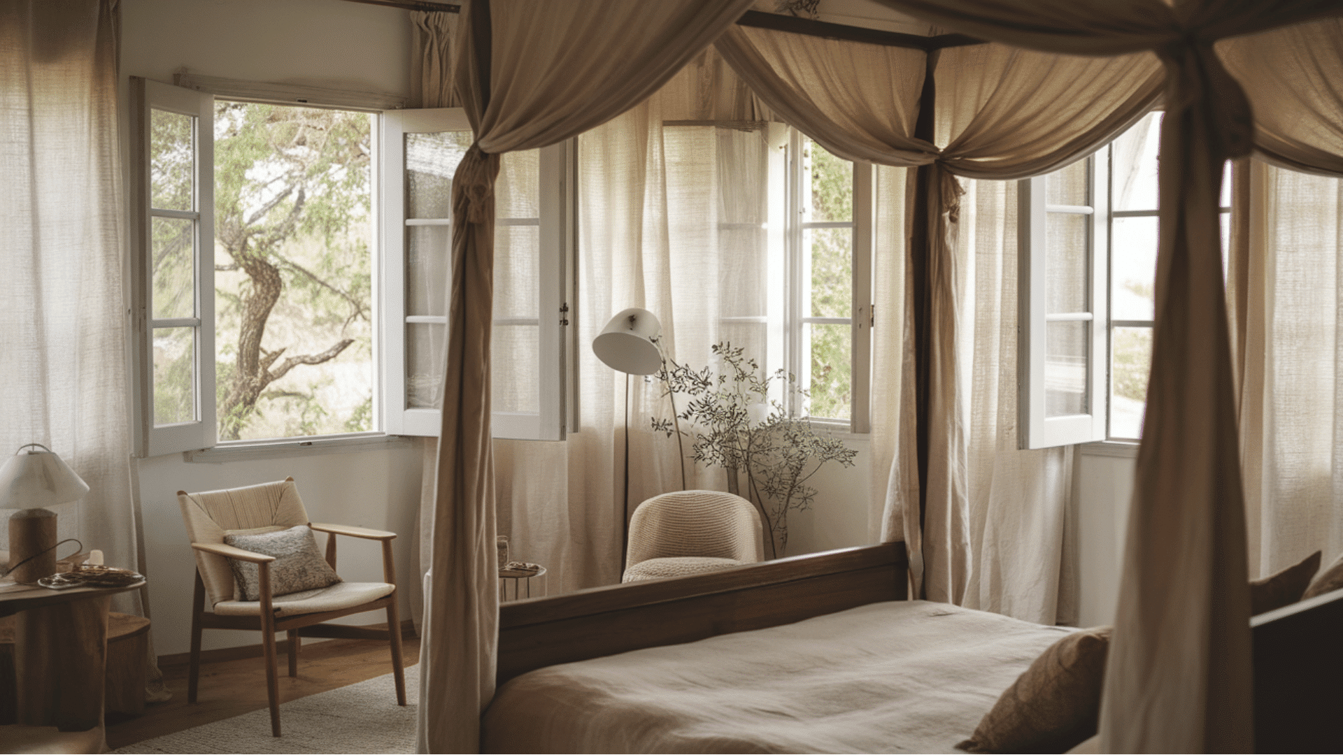 bright cabin bedroom with large windows, cozy chair, and soft lighting.