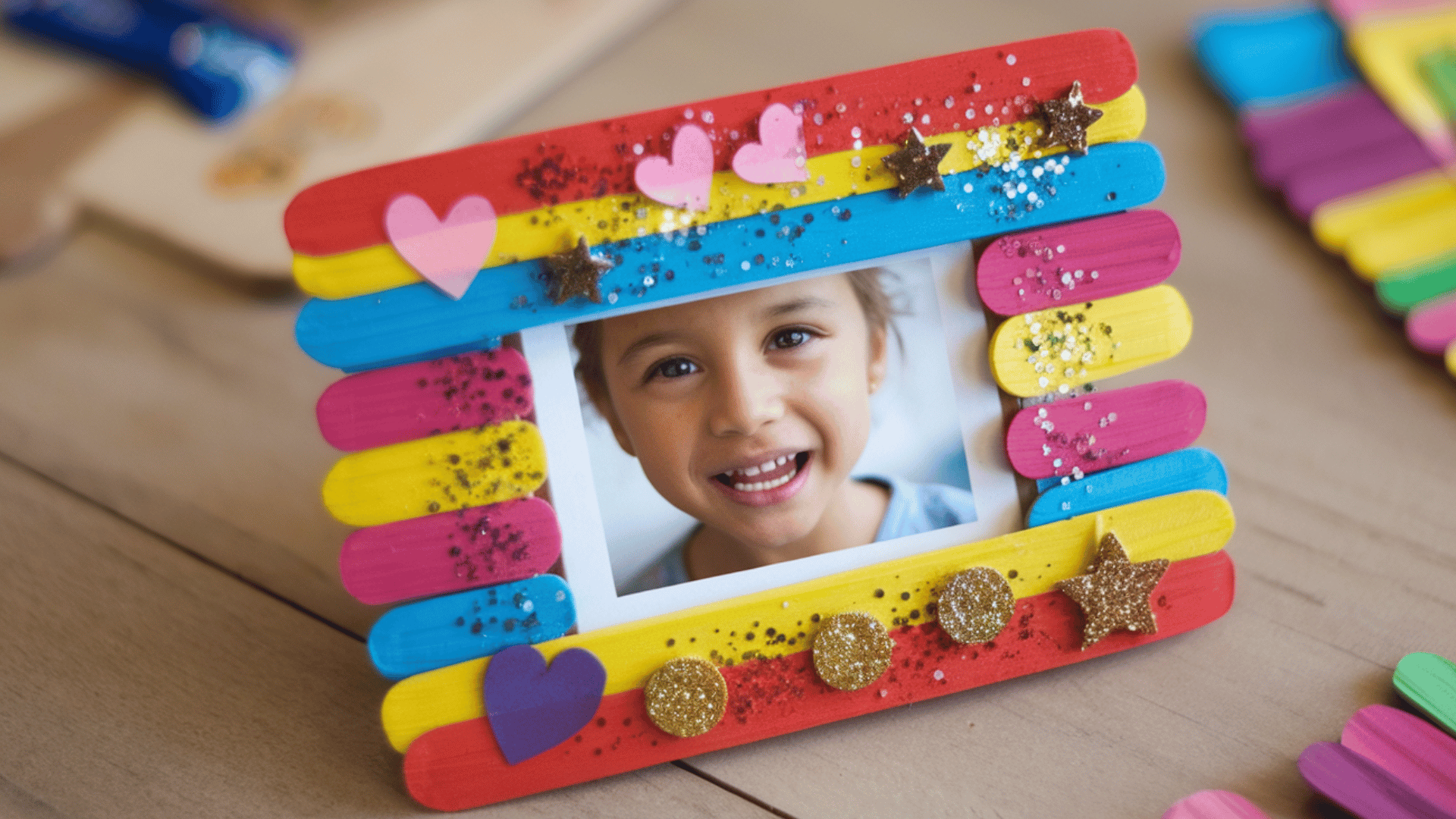 brightly painted popsicle stick frame with stickers and glitter, holding a photo