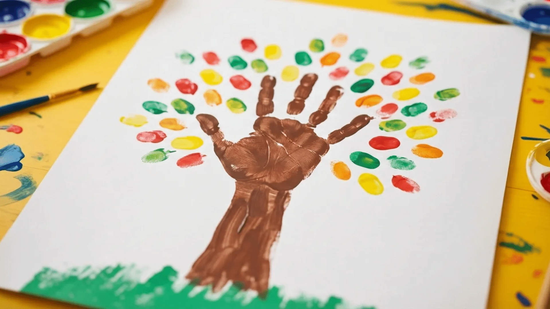 brown handprint and arm forming a tree trunk with painted finger dot leaves in fall colors