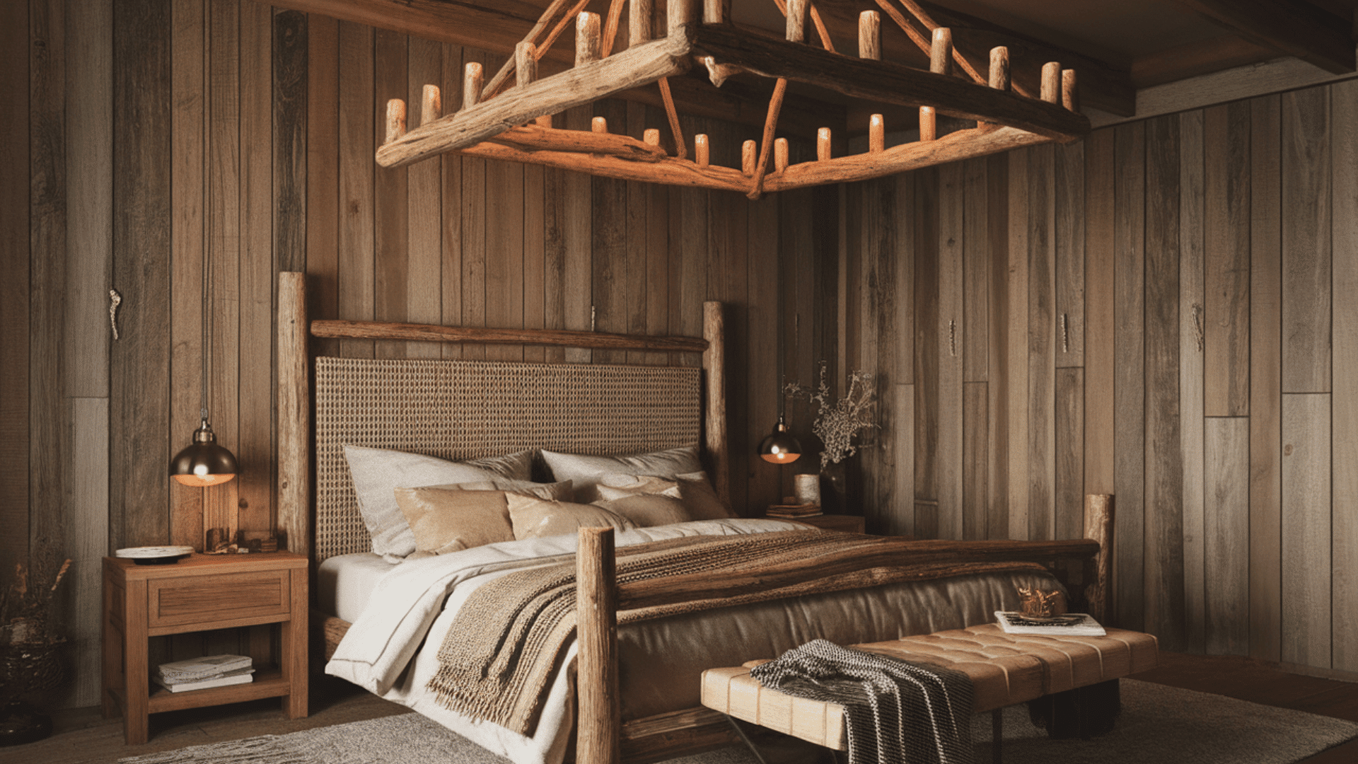 cabin bedroom with rustic chandelier, natural wood furniture, and a cozy atmosphere.