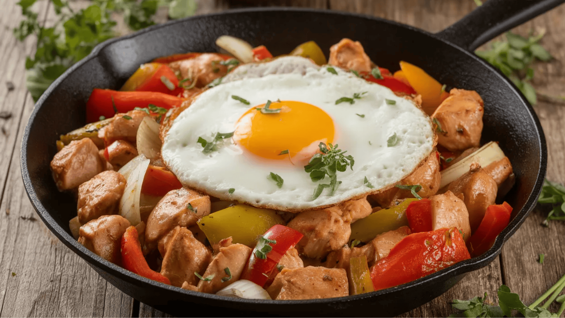 cast-iron skillet with cooked chicken, bell peppers, onions, and a fried egg on top, garnished with fresh herbs