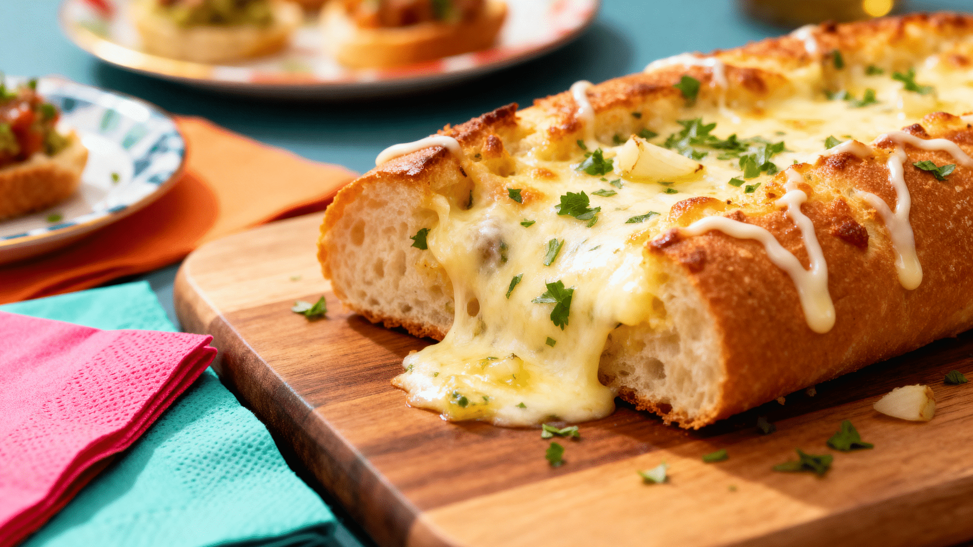 cheesy garlic breadsticks sliced into strips with melted mozzarella and herbs on a wooden board