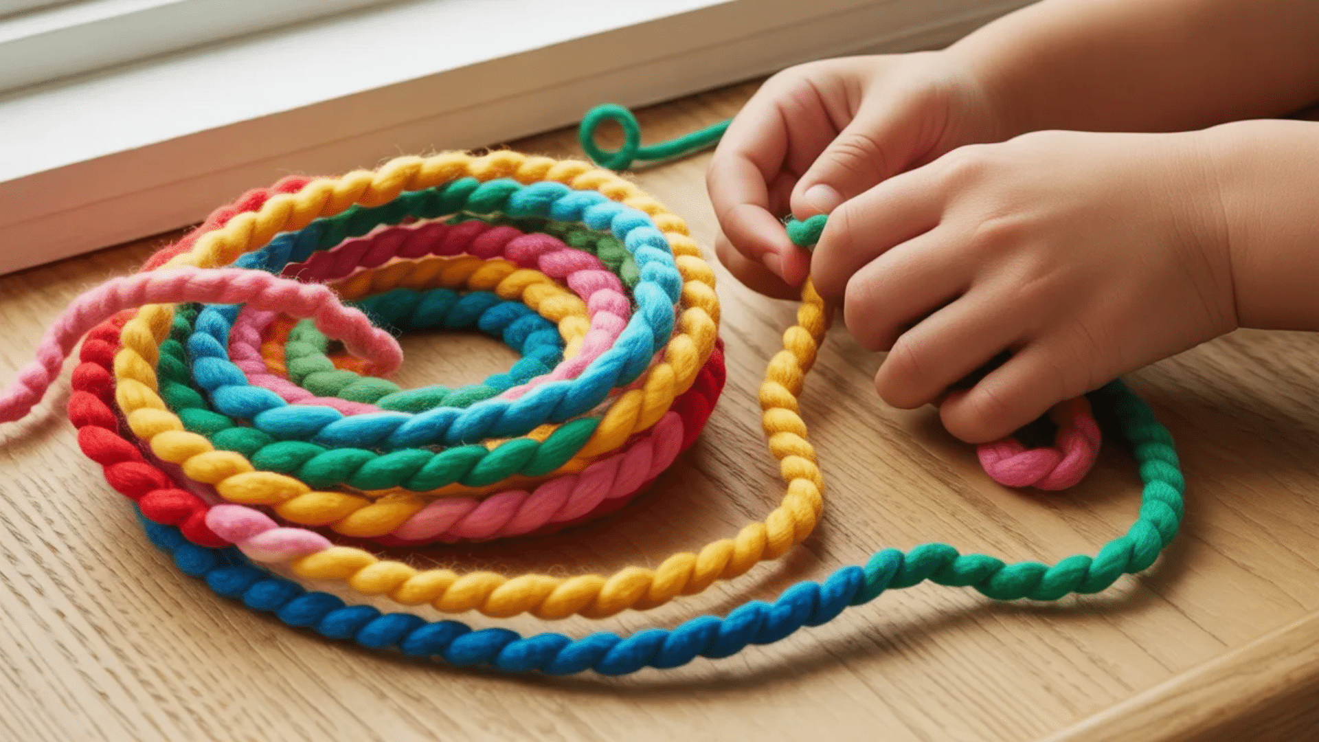 child weaving soft yarn around fingers to create a long knitted cord bracelet