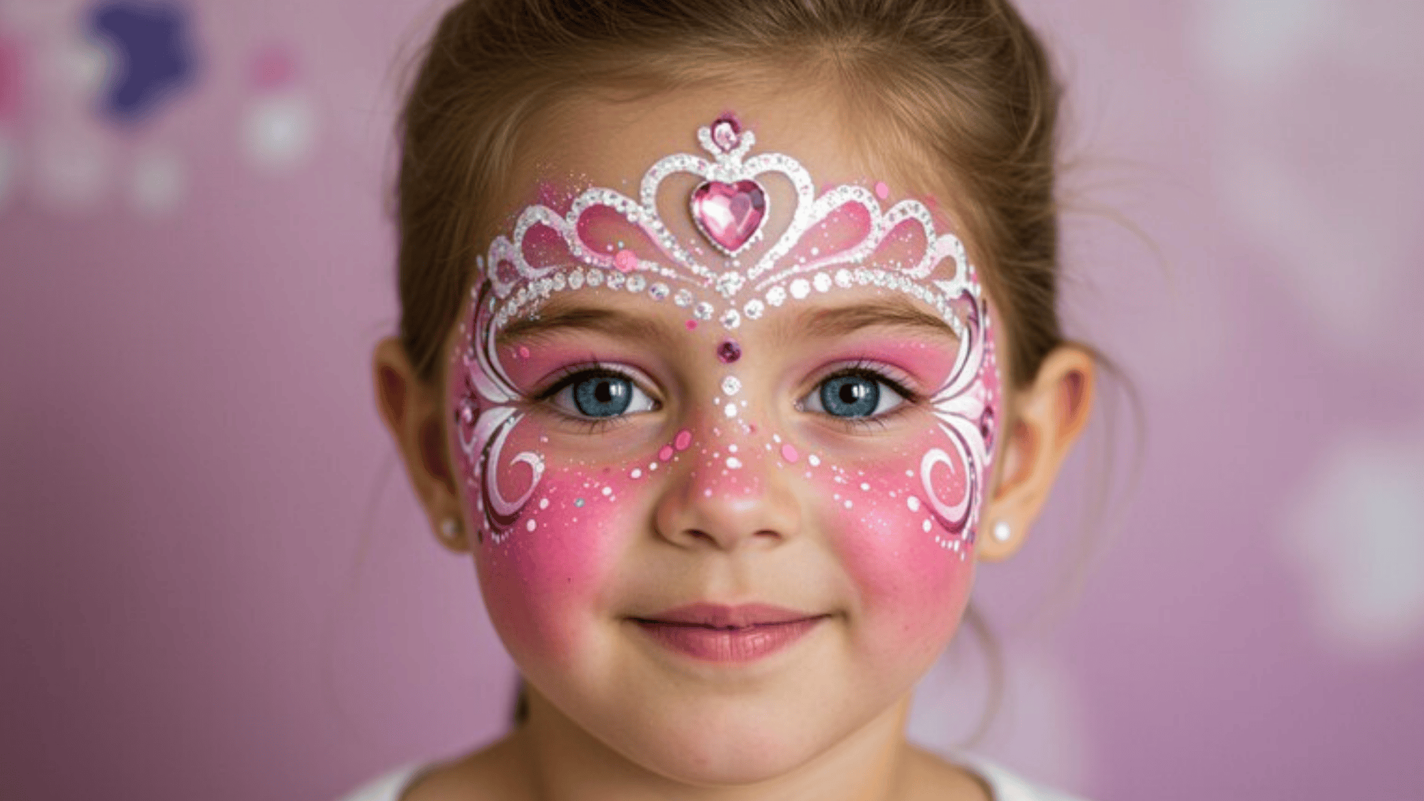 child with princess face paint, sparkling pink tiara design, rosy cheeks, glitter accents
