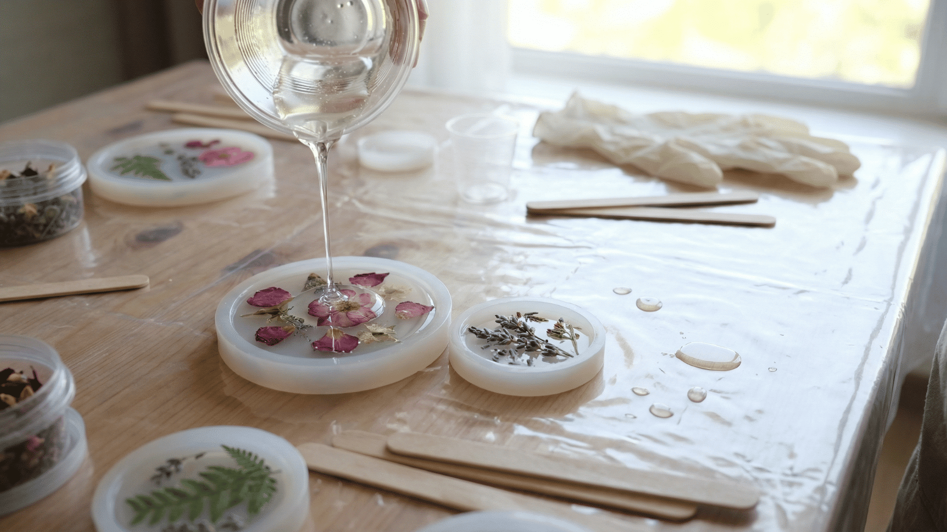 clear resin is poured into circular molds containing dried flowers and lavender on a protected wooden work surface.