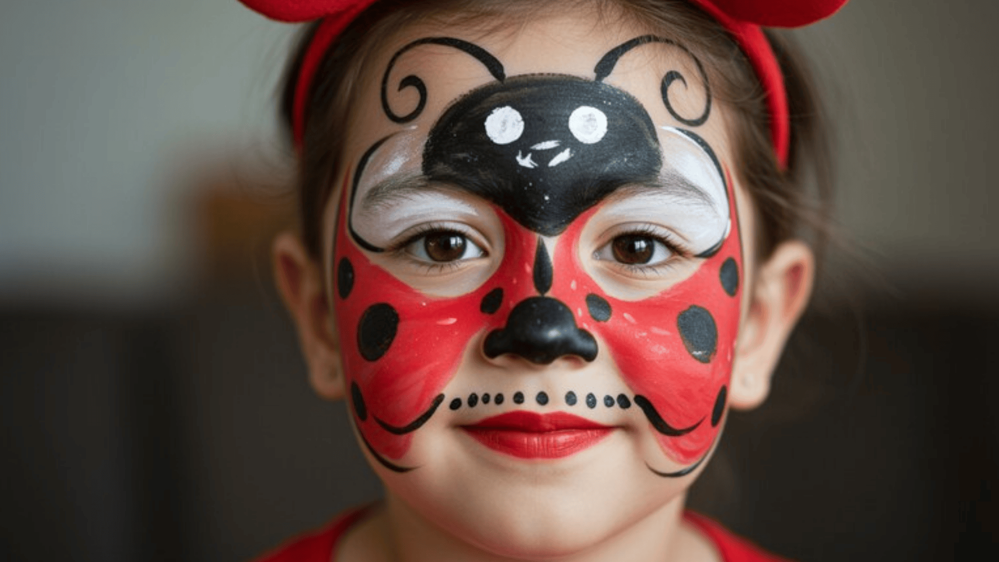 close-up of a real child with detailed ladybug face paint, no hands visible, soft natural skin texture