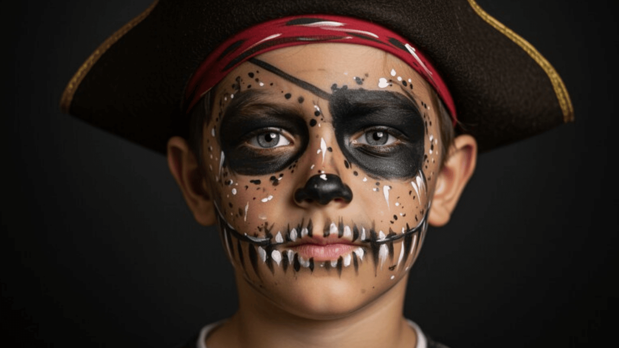 close-up of a real kid with pirate face paint, weathered soot accents, bold black eye patch paint