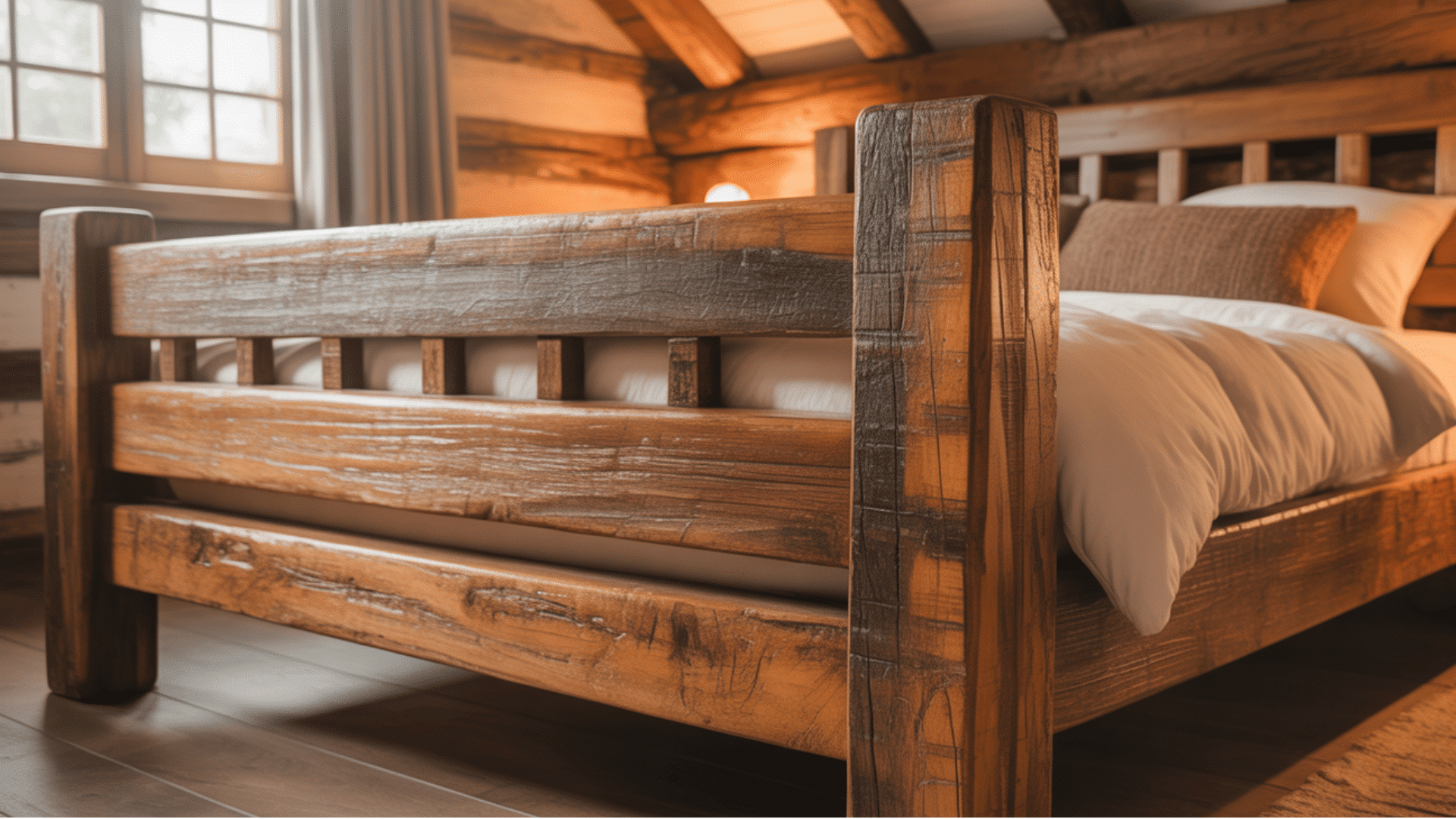 close-up of a rustic wooden bed frame in a cabin bedroom with warm lighting.