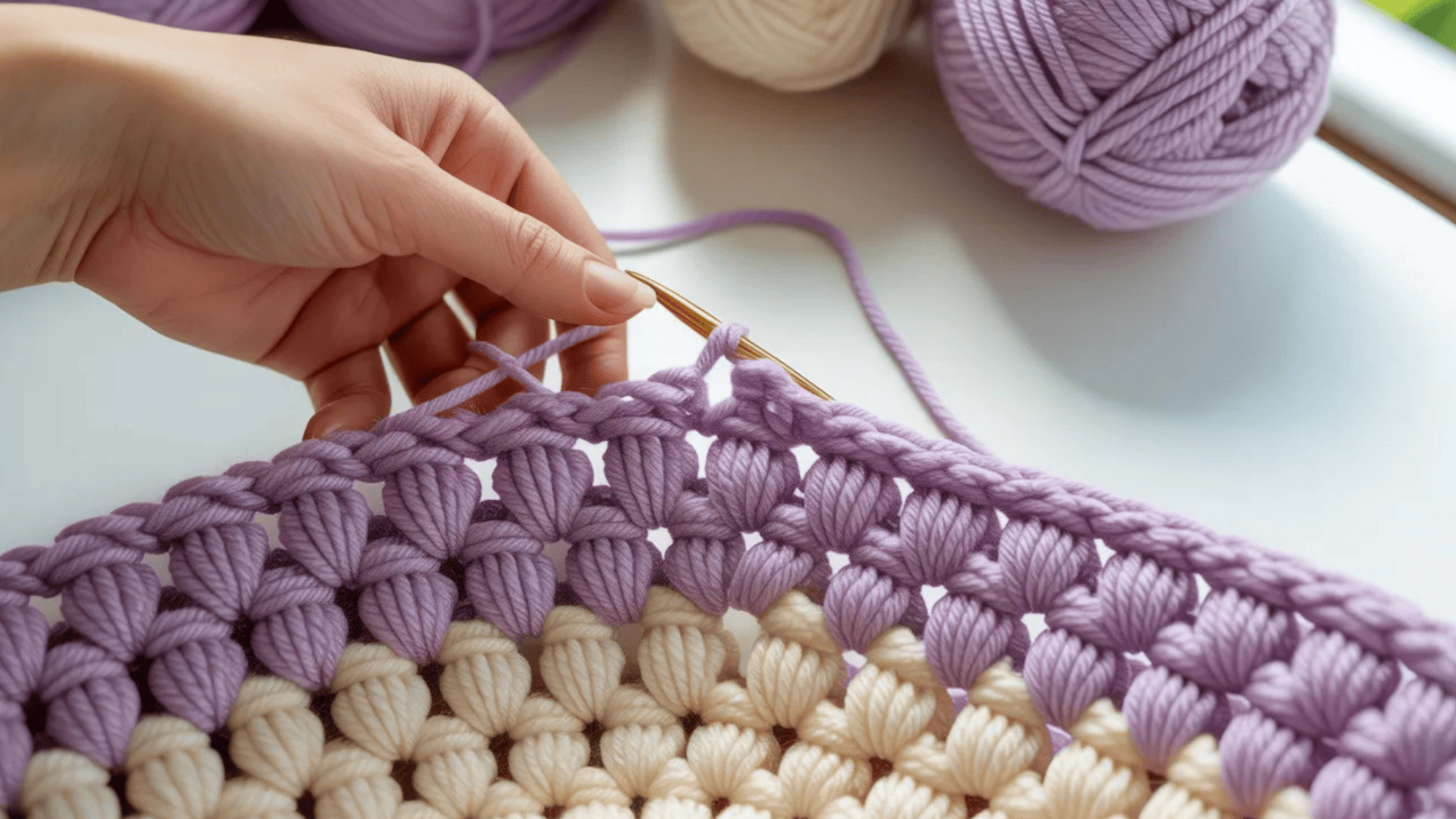cluster stitch border in purple and white