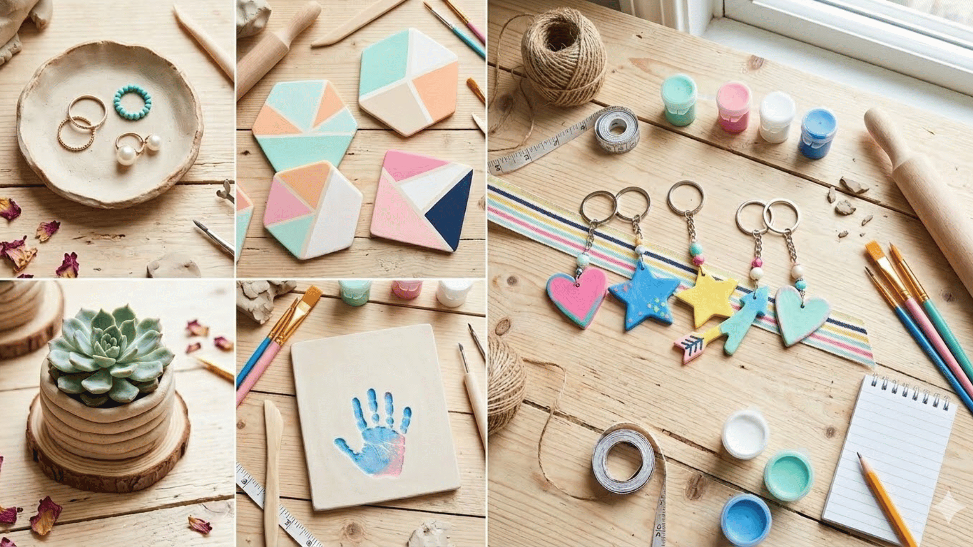 collage of beginner clay crafts on wooden table trinket dish with rings, painted coasters, clay keychains, and handprint art.